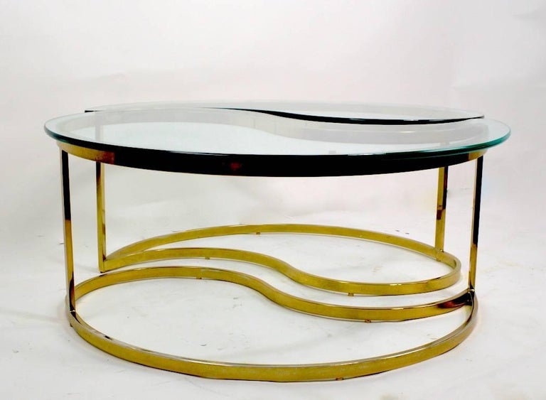 Shaped Glass Top Yin Yang Coffee Table with Brass Base after Baughman