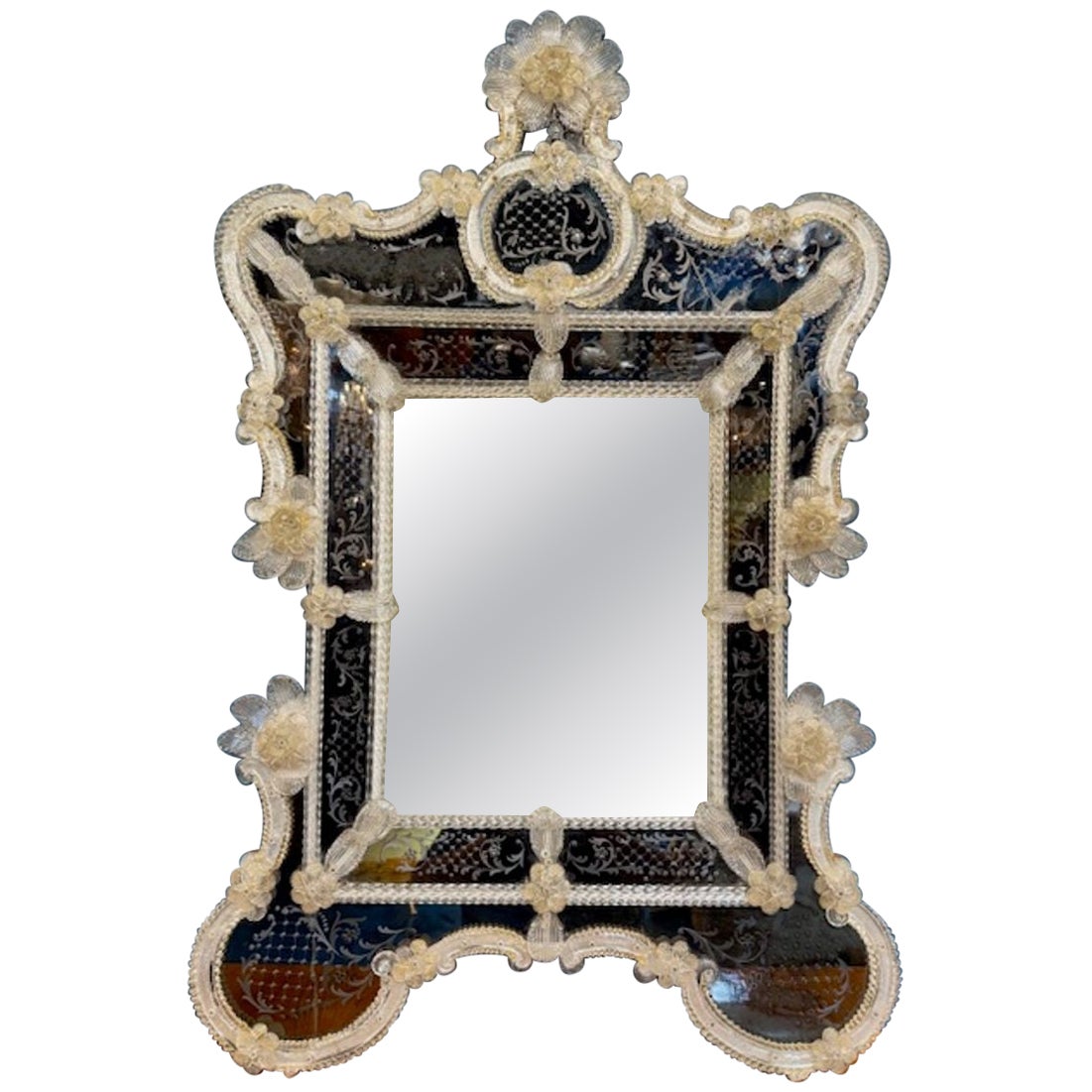 Shaped Italian Etched Murano Glass Mirror For Sale