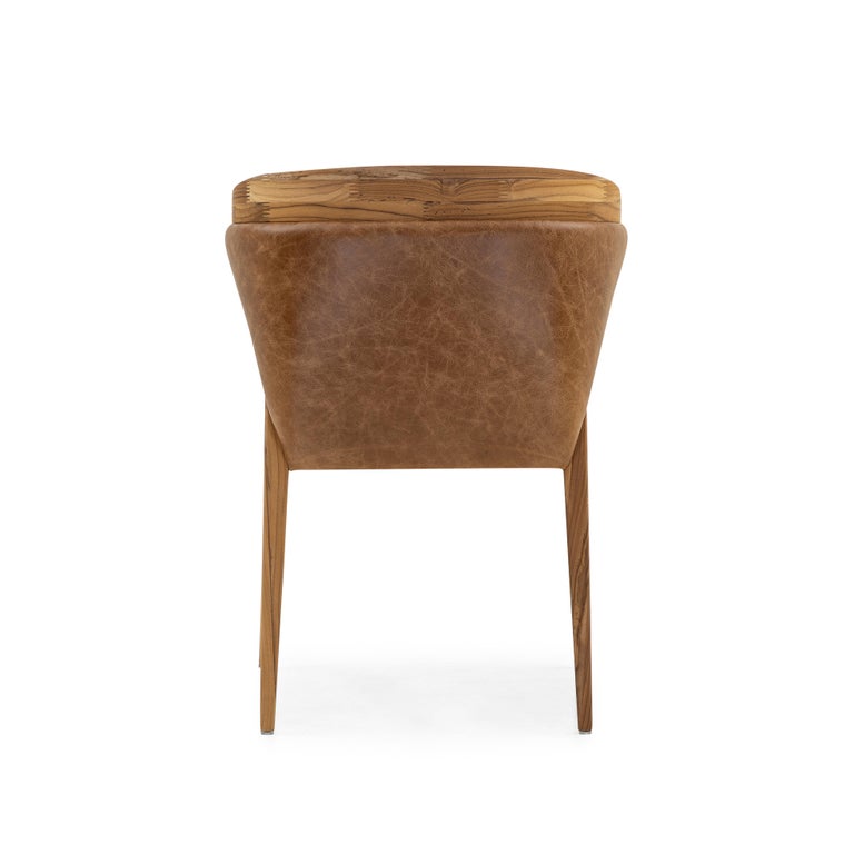 Mat Dining Chair in Teak with Upholstered Back and Brown Leather Seat