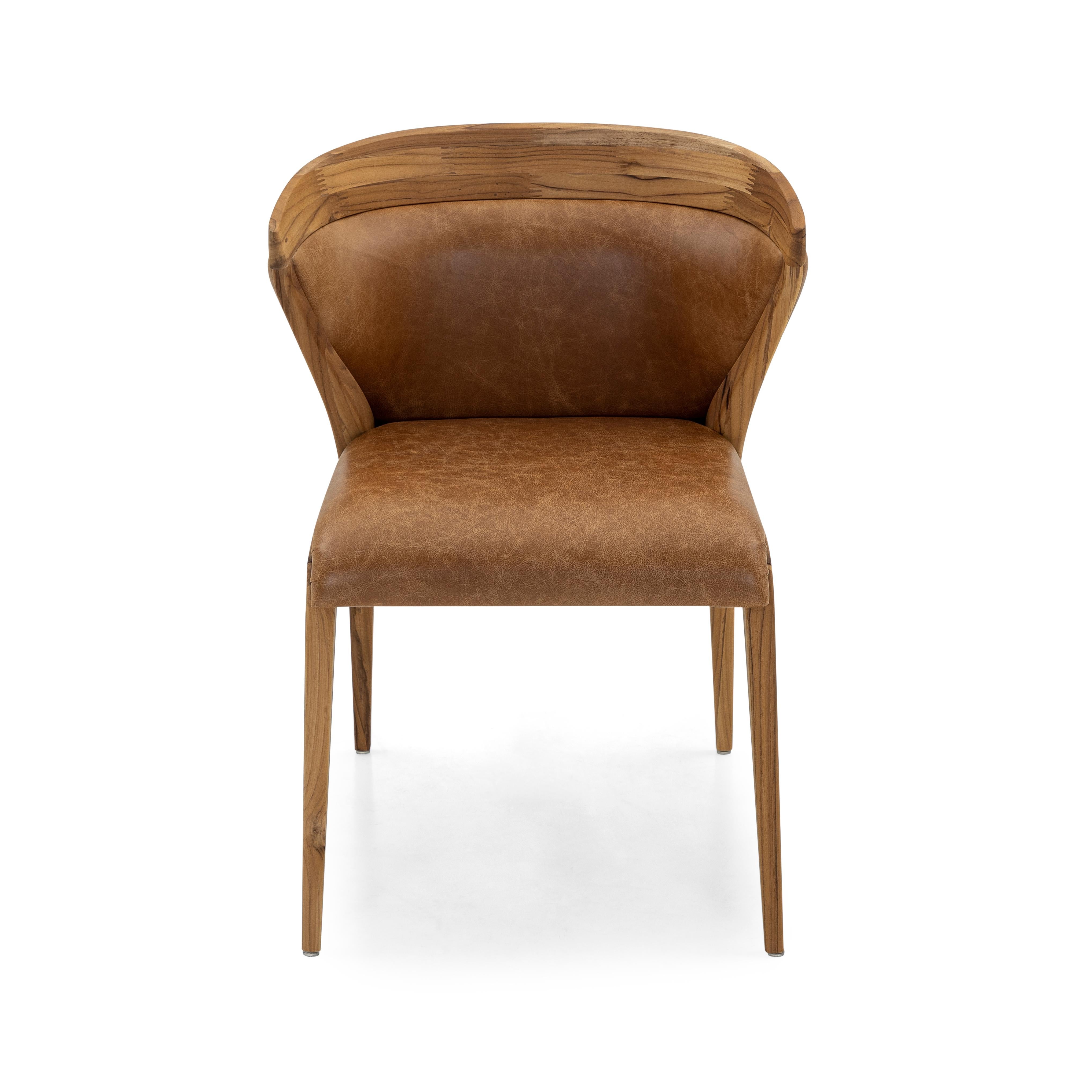 Mat Dining Chair in Teak Wood Finish, Upholstered Back and Brown Leather Seat In New Condition For Sale In Miami, FL