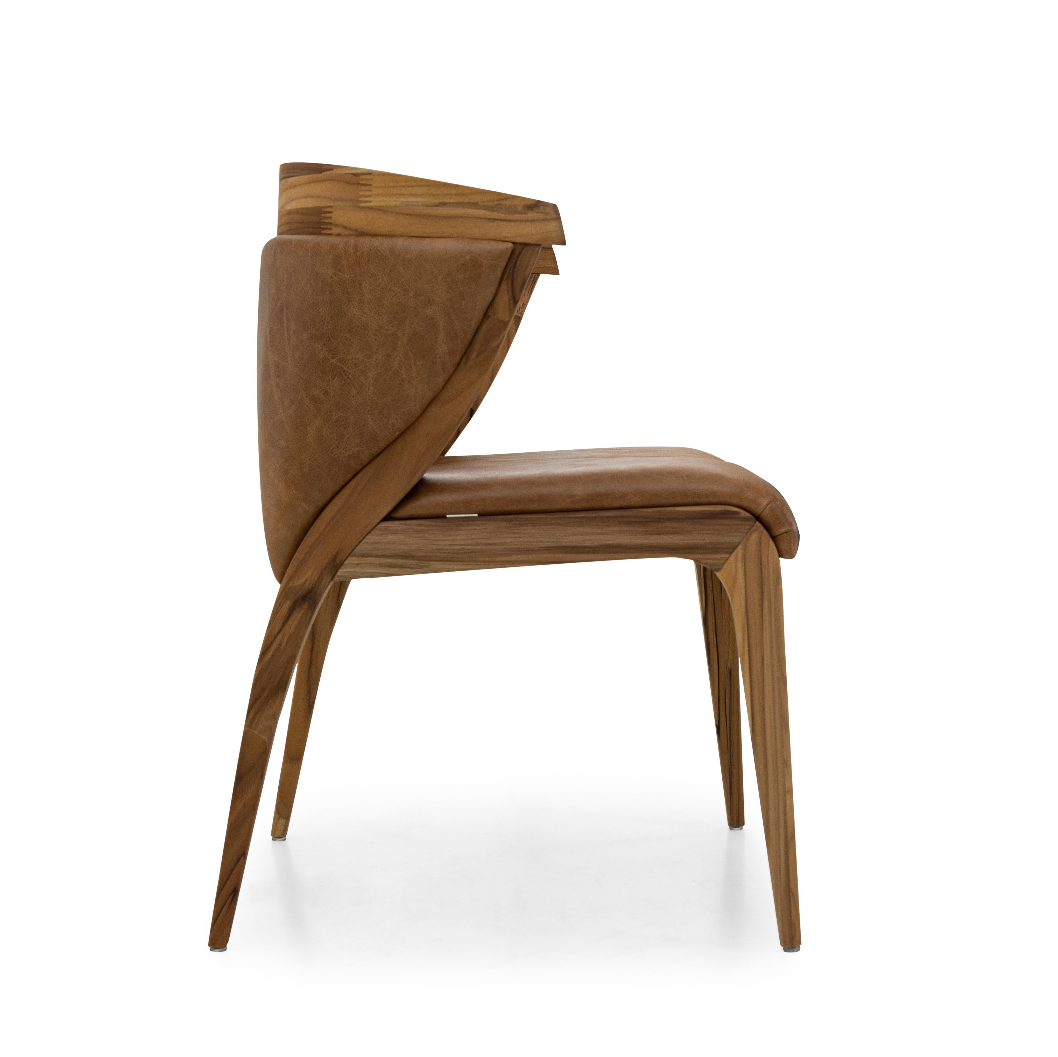 Contemporary Mat Dining Chair in Teak Wood Finish, Upholstered Back and Brown Leather Seat For Sale