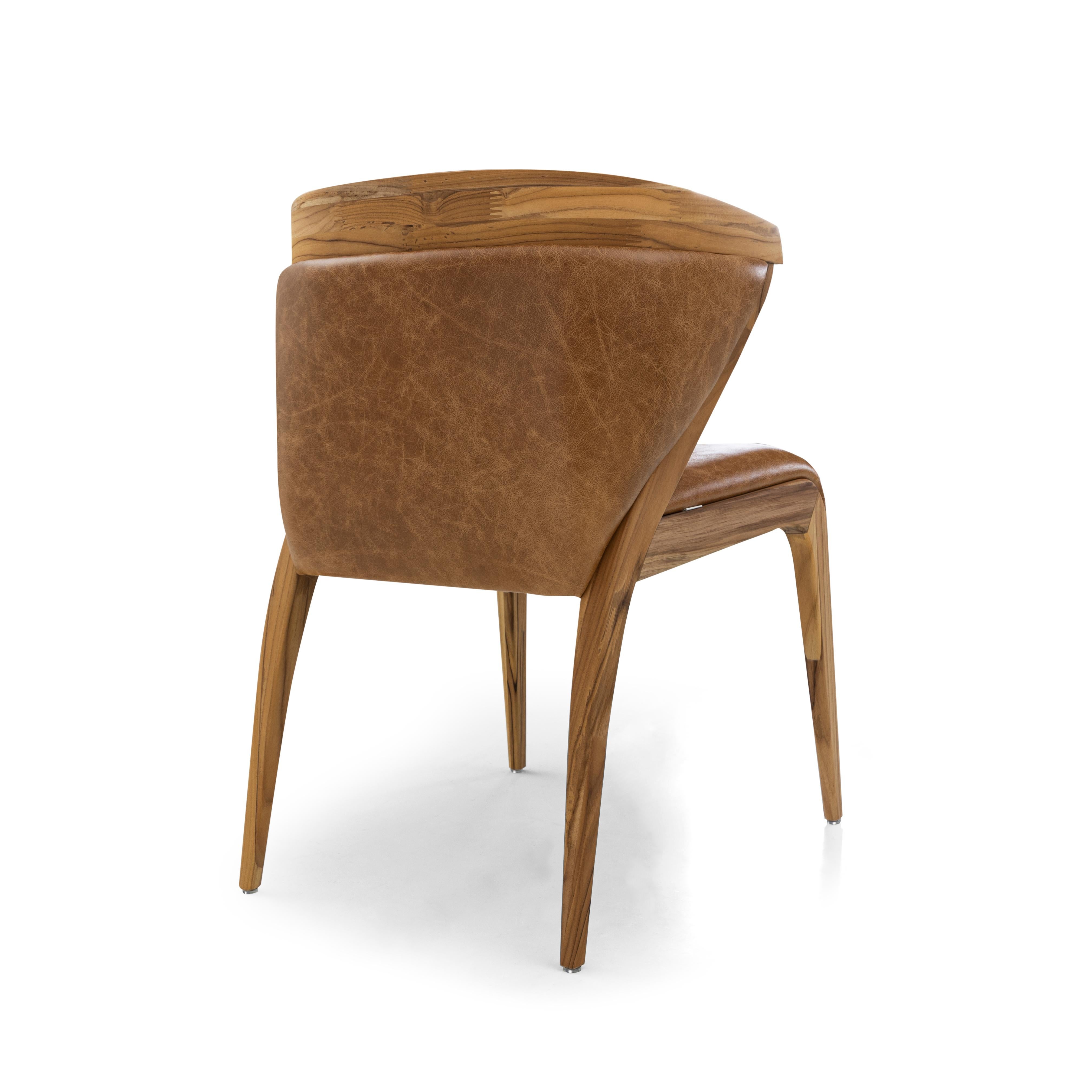Mat Dining Chair in Teak Wood Finish, Upholstered Back and Brown Leather Seat For Sale 1