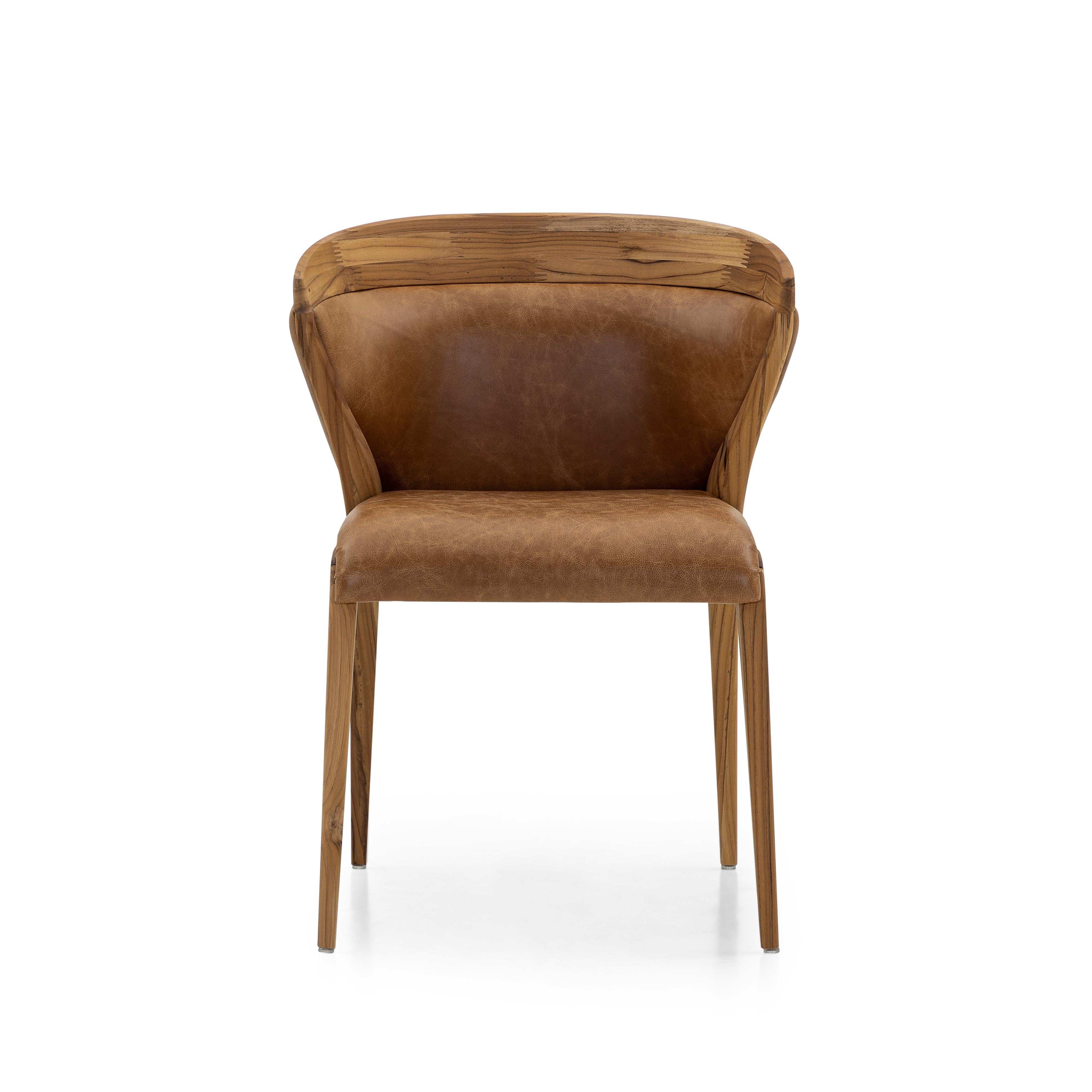 Mat Dining Chair in Teak Wood Finish, Upholstered Back and Brown Leather Seat For Sale 3