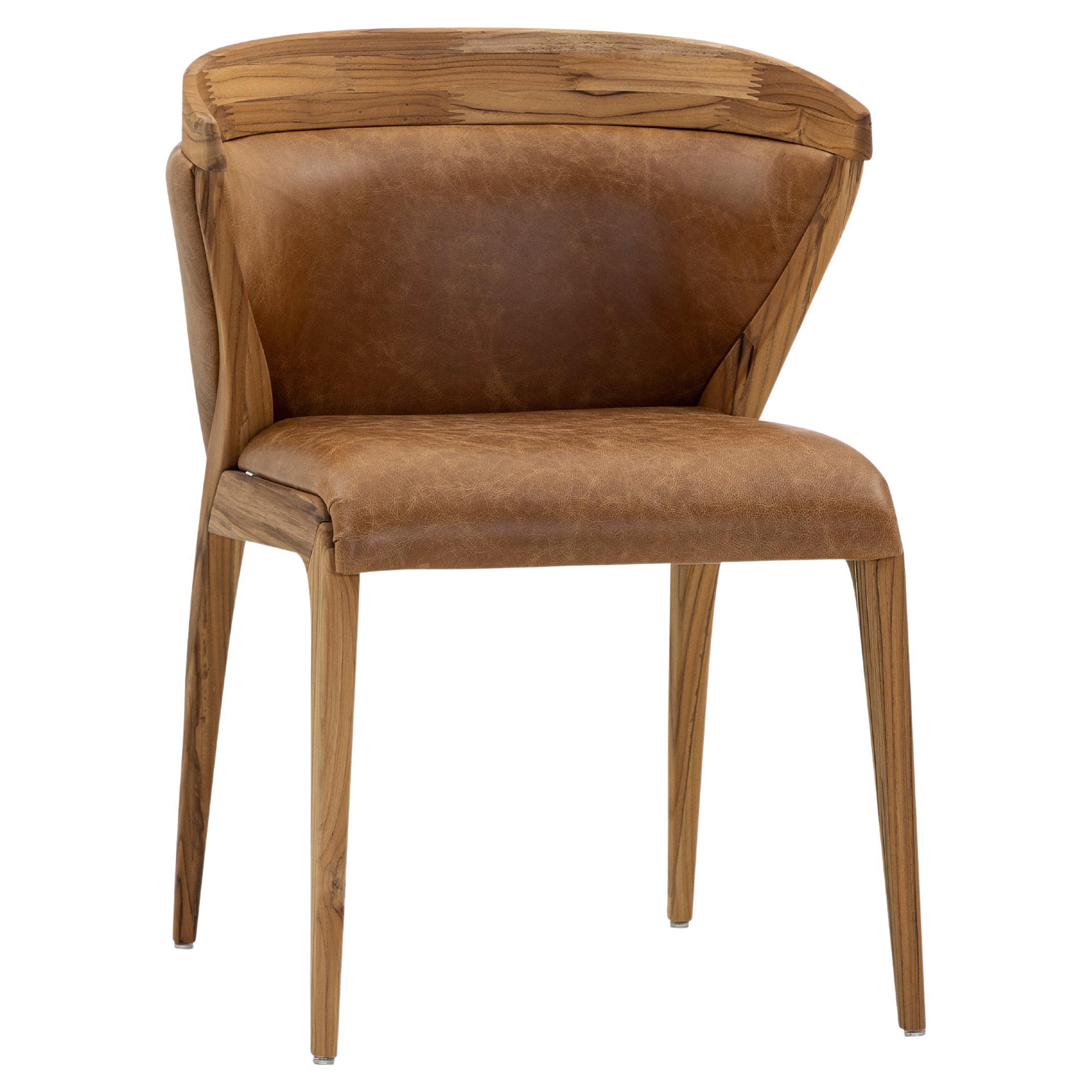 Mat Dining Chair in Teak Wood Finish, Upholstered Back and Brown Leather Seat