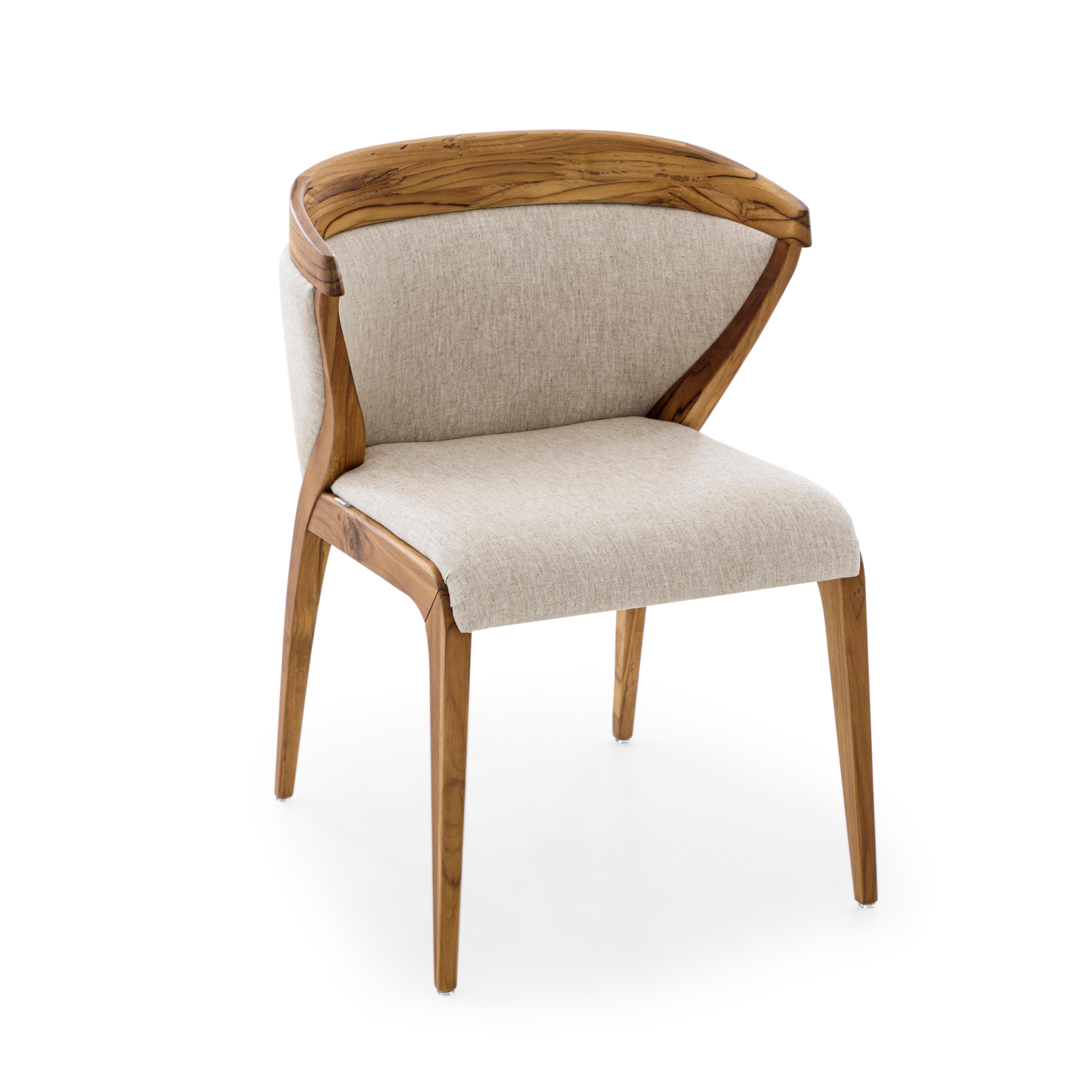 Mat Dining Chair in Teak Wood Finish with Upholstered Back and Ivory Fabric Seat In New Condition For Sale In Miami, FL