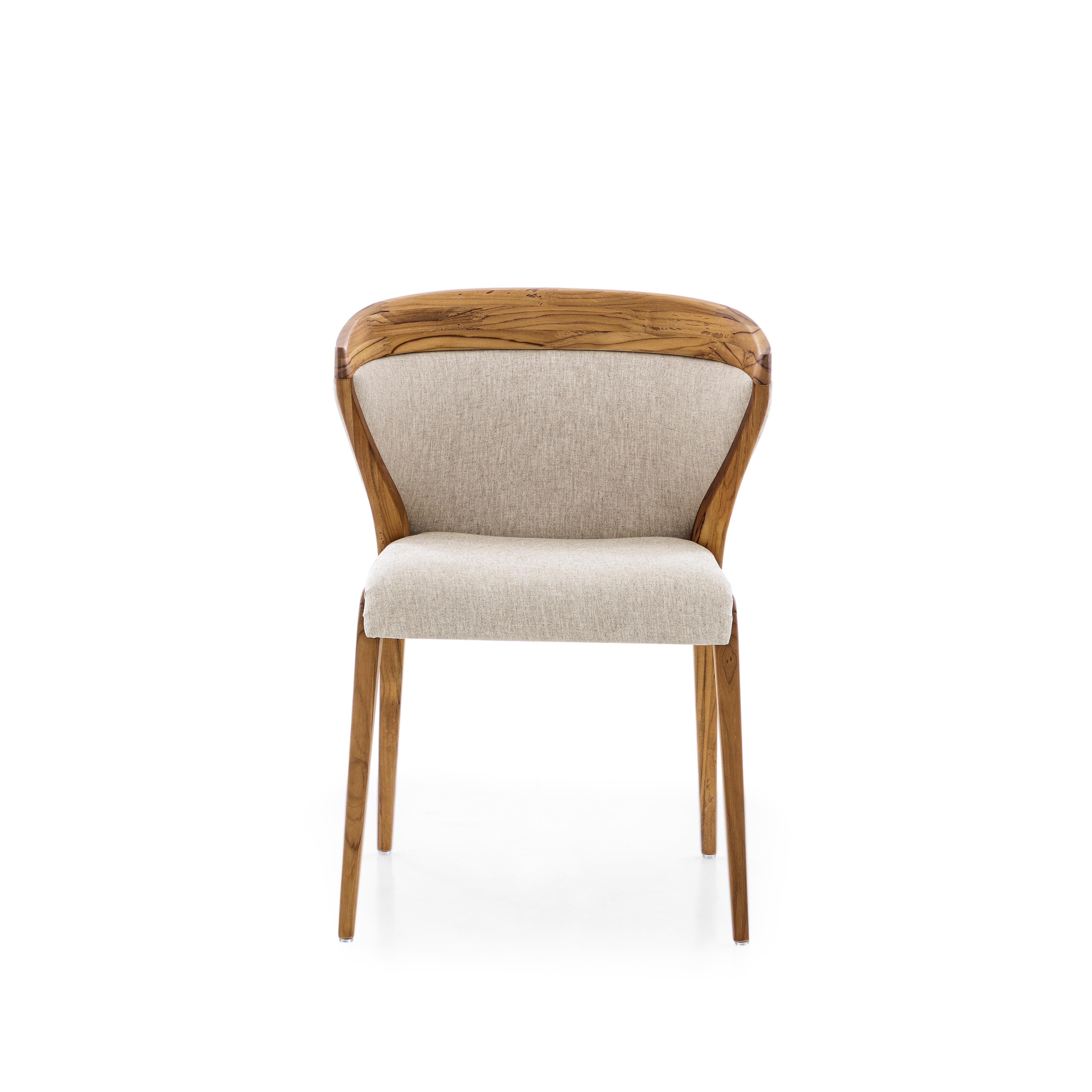 Contemporary Mat Dining Chair in Teak Wood Finish with Upholstered Back and Ivory Fabric Seat For Sale