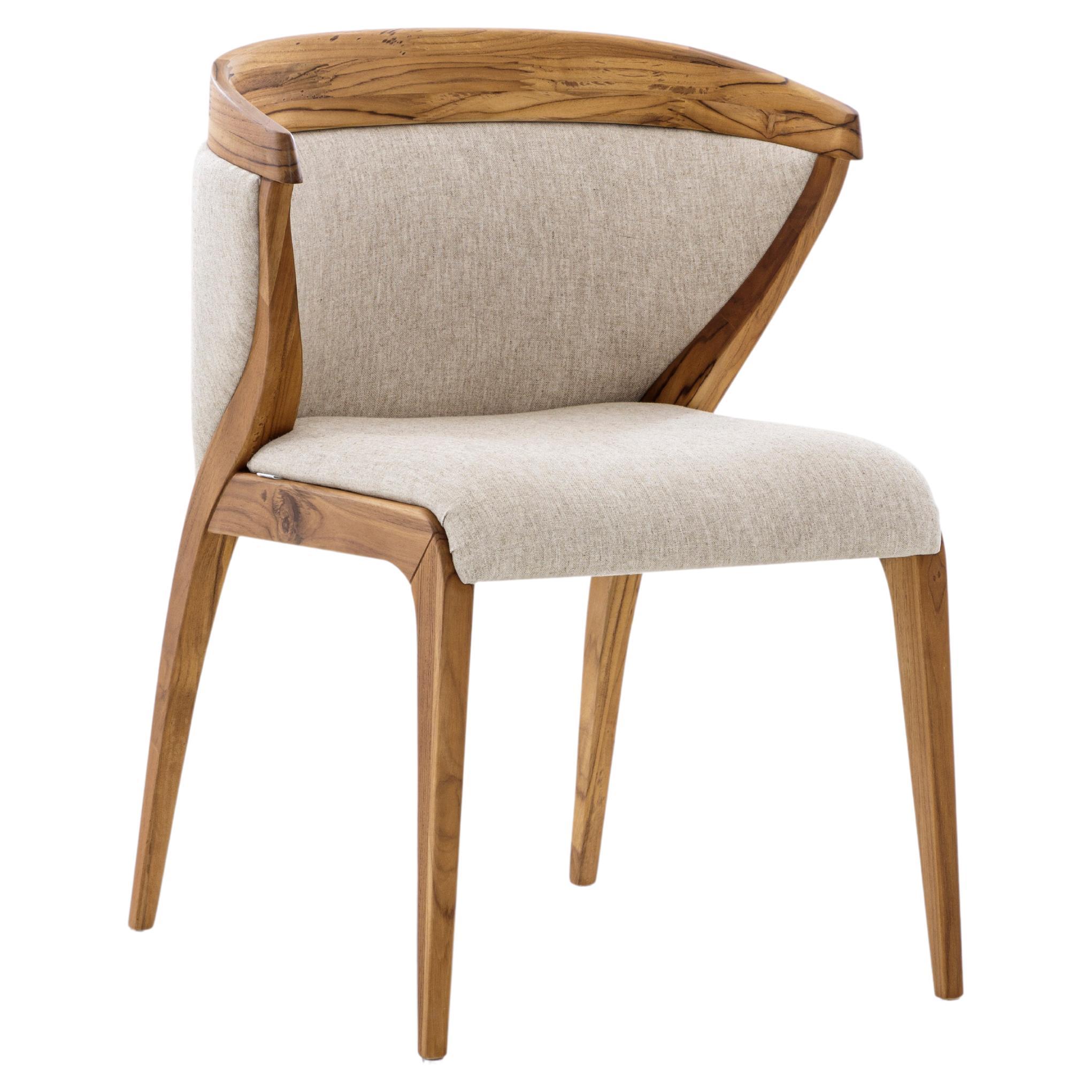 Mat Dining Chair in Teak Wood Finish with Upholstered Back and Ivory Fabric Seat