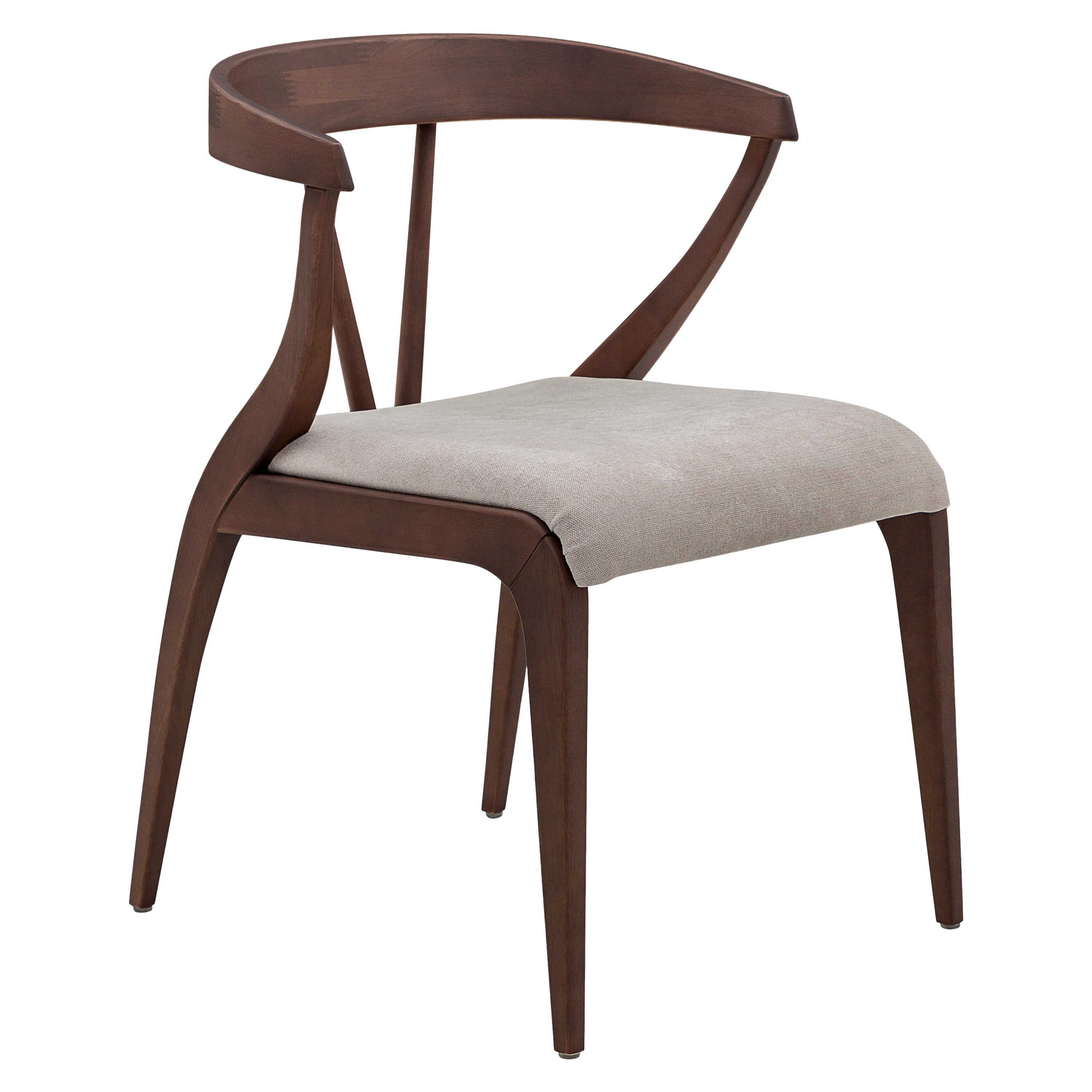 Mat Dining Chair in Walnut Wood Finish with Open Back and Light Gray Fabric For Sale