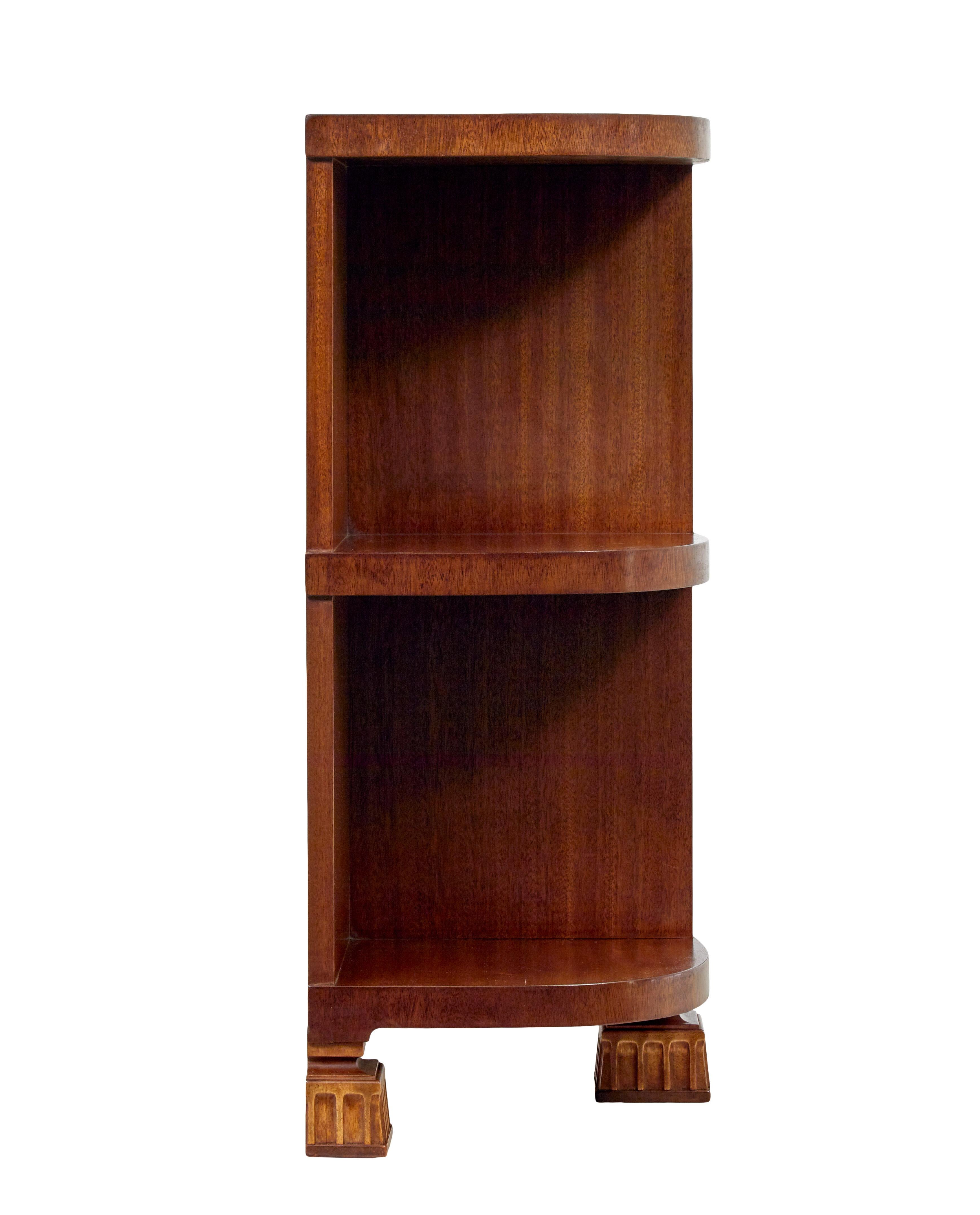 Hand-Crafted Shaped mid century Scandinavian mahogany low open bookcase