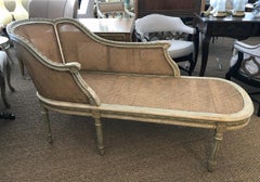Shapely French Louis XVI Pale-Green Painted and Silver-Gilt Recamier with Caning