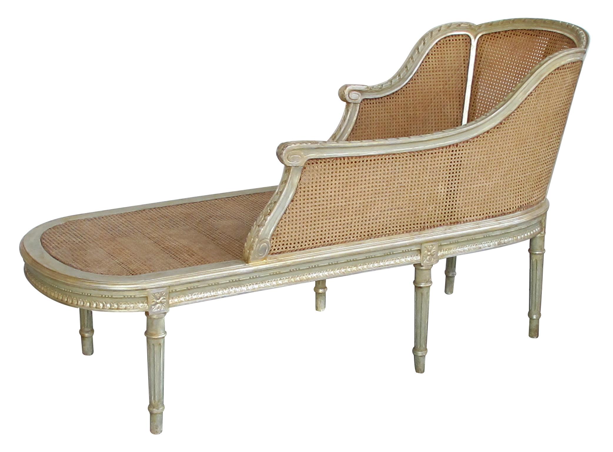 Wood Shapely French Louis XVI Pale-Green Painted and Silver-Gilt Recamier with Caning