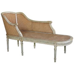 Shapely French Louis XVI Pale-Green Painted and Silver-Gilt Recamier with Caning