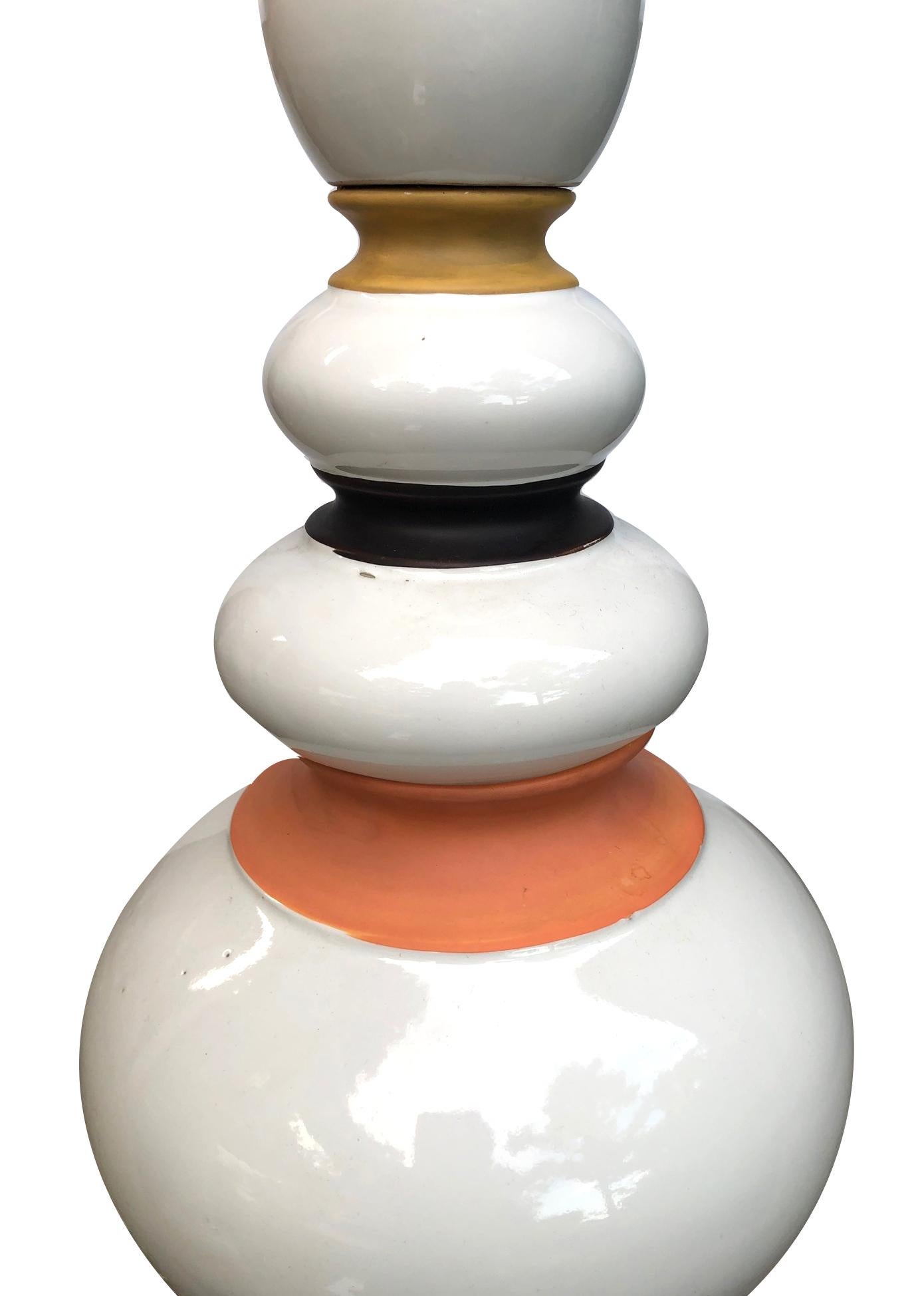 Modern Shapely Pair of 1960's White-glazed Ceramic Lamps with Mustard, Black and Coral  For Sale