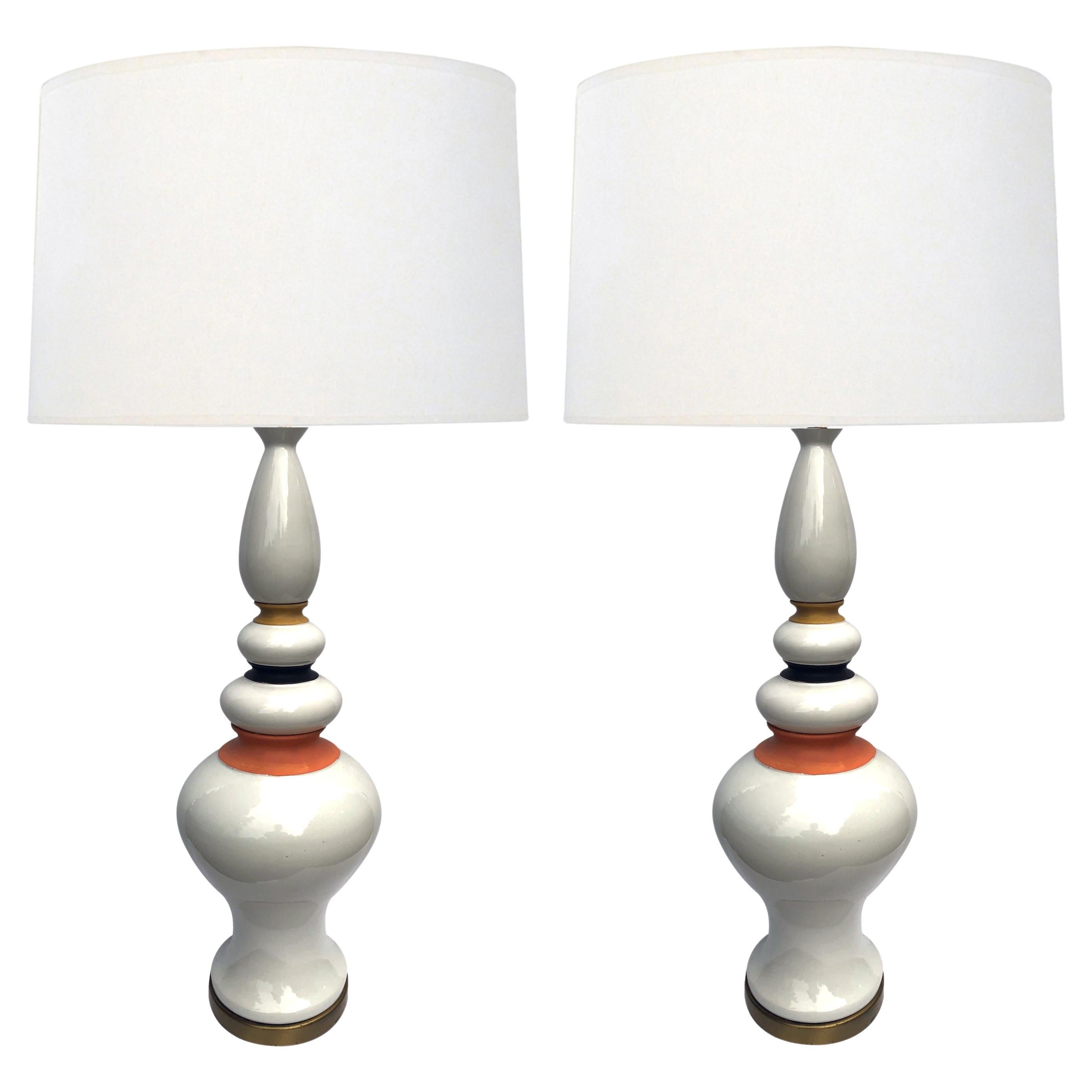 Shapely Pair of 1960's White-glazed Ceramic Lamps with Mustard, Black and Coral 