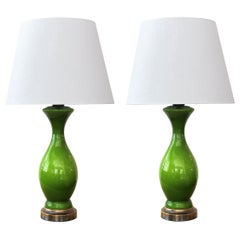 Shapely Pair of American 1960s Apple-Green Cased-Glass Baluster-Form Lamps