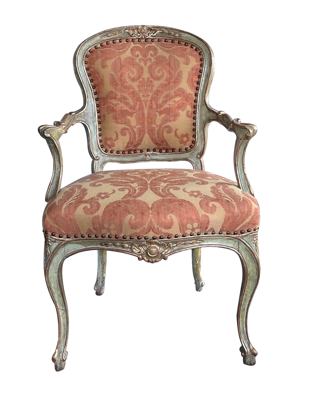 Shapely Pair of Italian Rococo Style Aqua Painted and Parcel-Gilt Armchairs For Sale 5