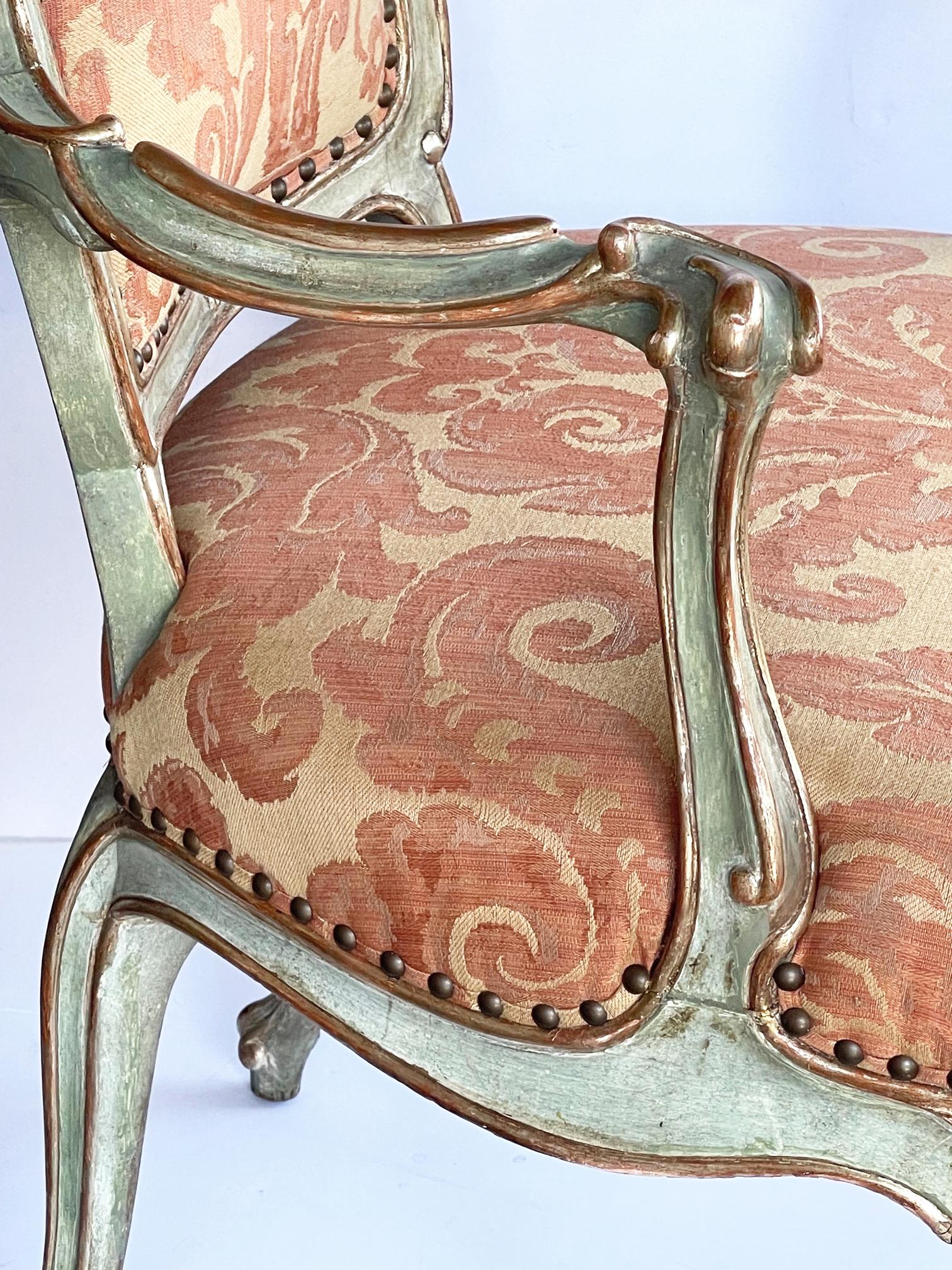 19th Century Shapely Pair of Italian Rococo Style Aqua Painted and Parcel-Gilt Armchairs For Sale