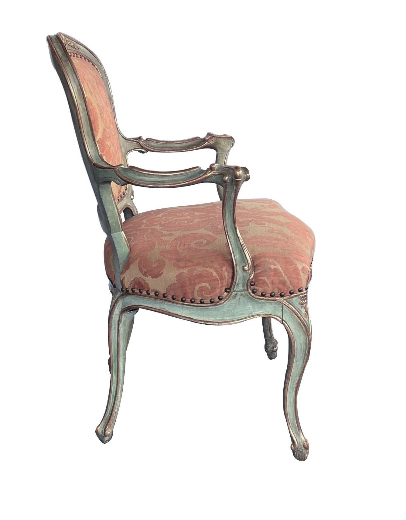 Shapely Pair of Italian Rococo Style Aqua Painted and Parcel-Gilt Armchairs For Sale 3