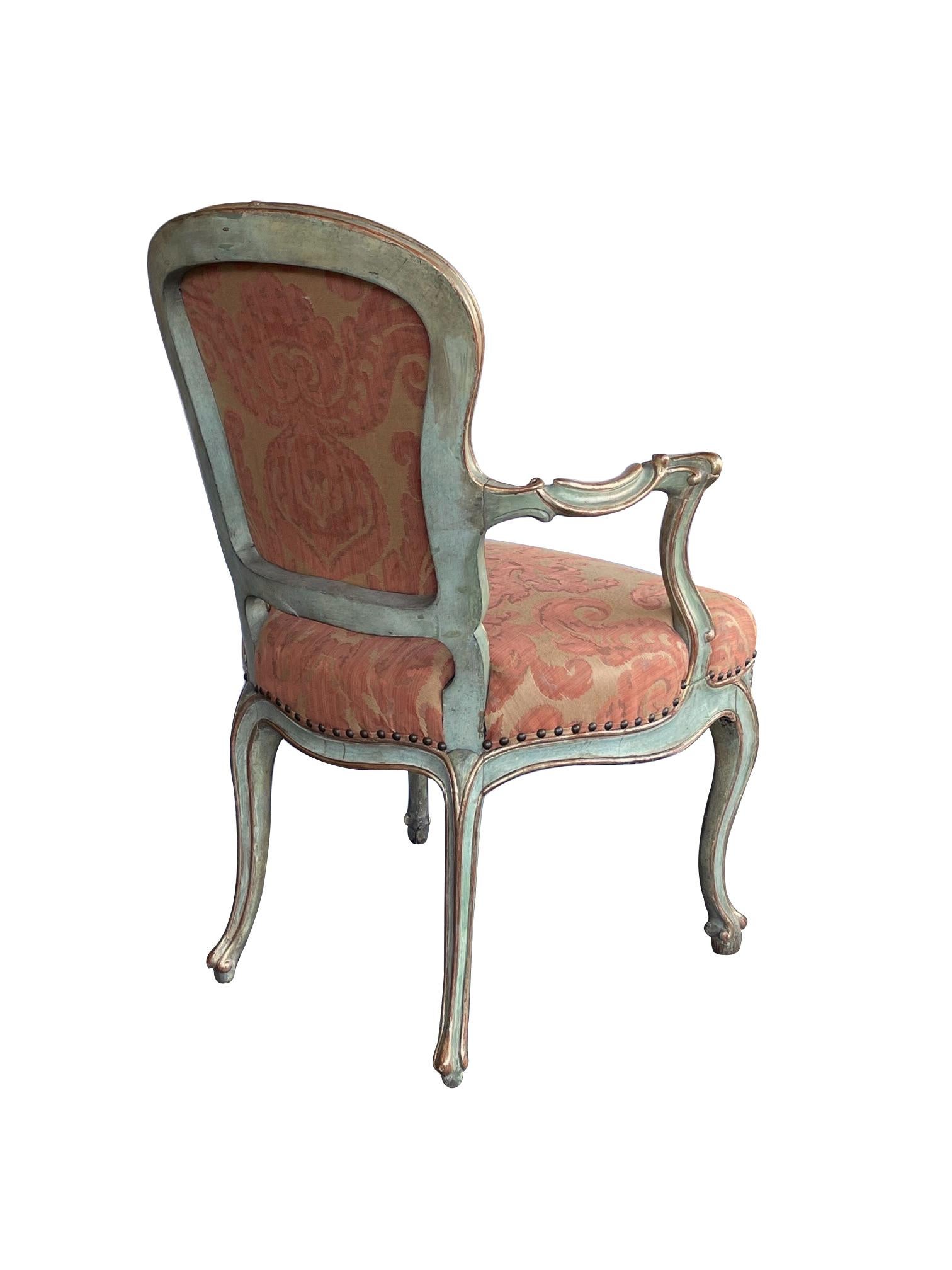 Shapely Pair of Italian Rococo Style Aqua Painted and Parcel-Gilt Armchairs For Sale 4