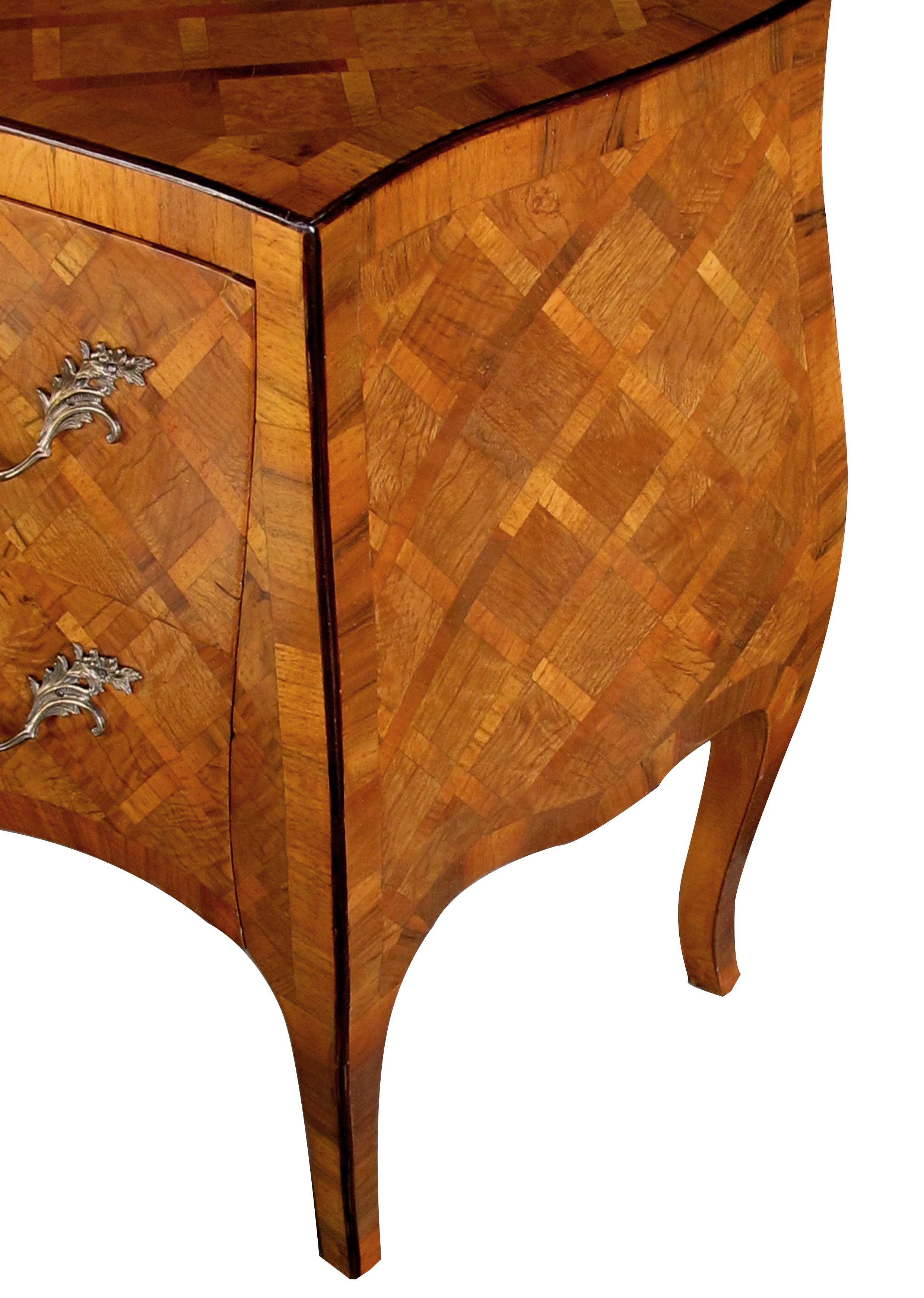 Shapely Pair of Italian Rococo Style Bombe-Form Olivewood Two-Drawer Chests In Excellent Condition In San Francisco, CA