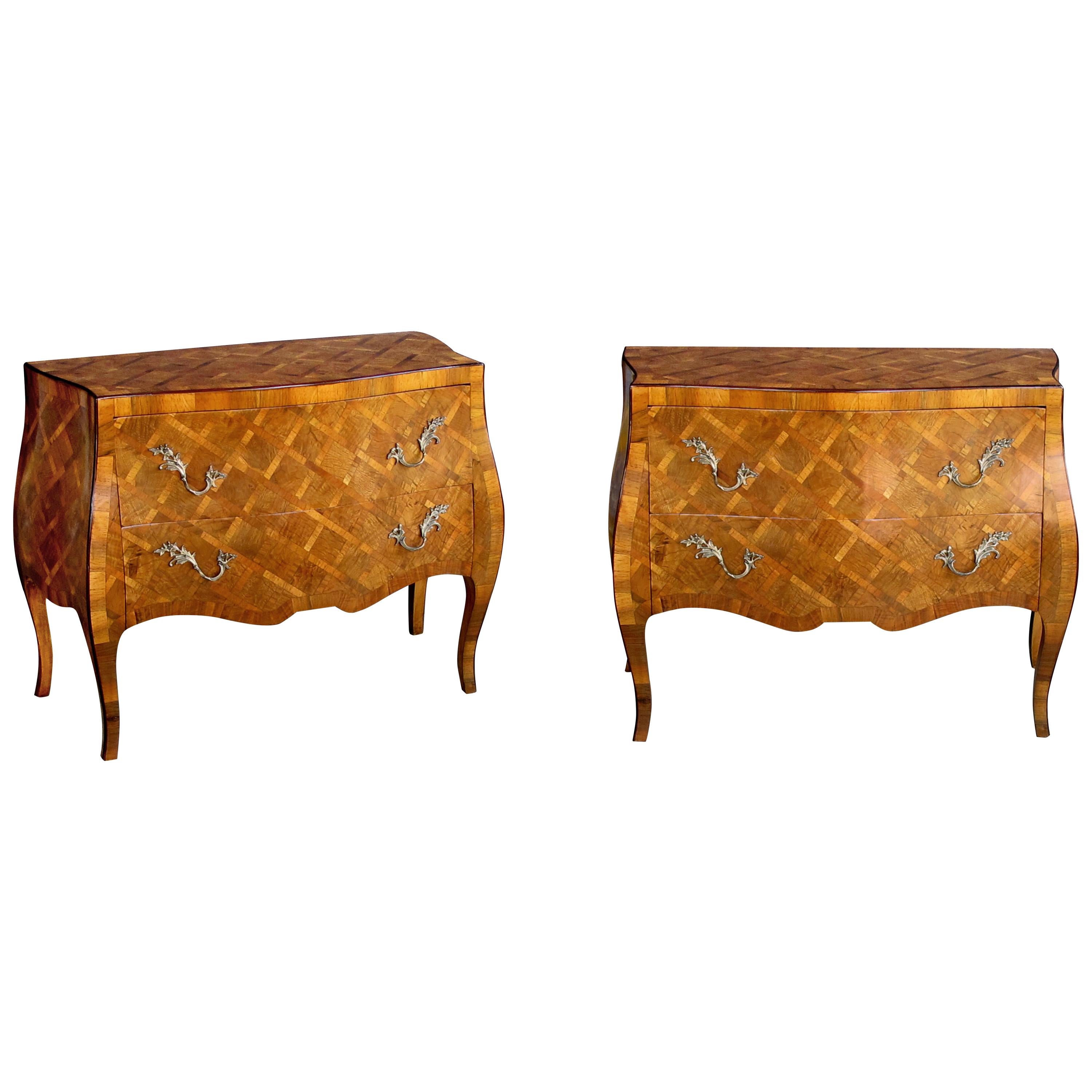 Shapely Pair of Italian Rococo Style Bombe-Form Olivewood Two-Drawer Chests