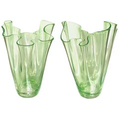 Shapely Pair of Murano Art Deco Chartreuse Glass Handkerchief Vases