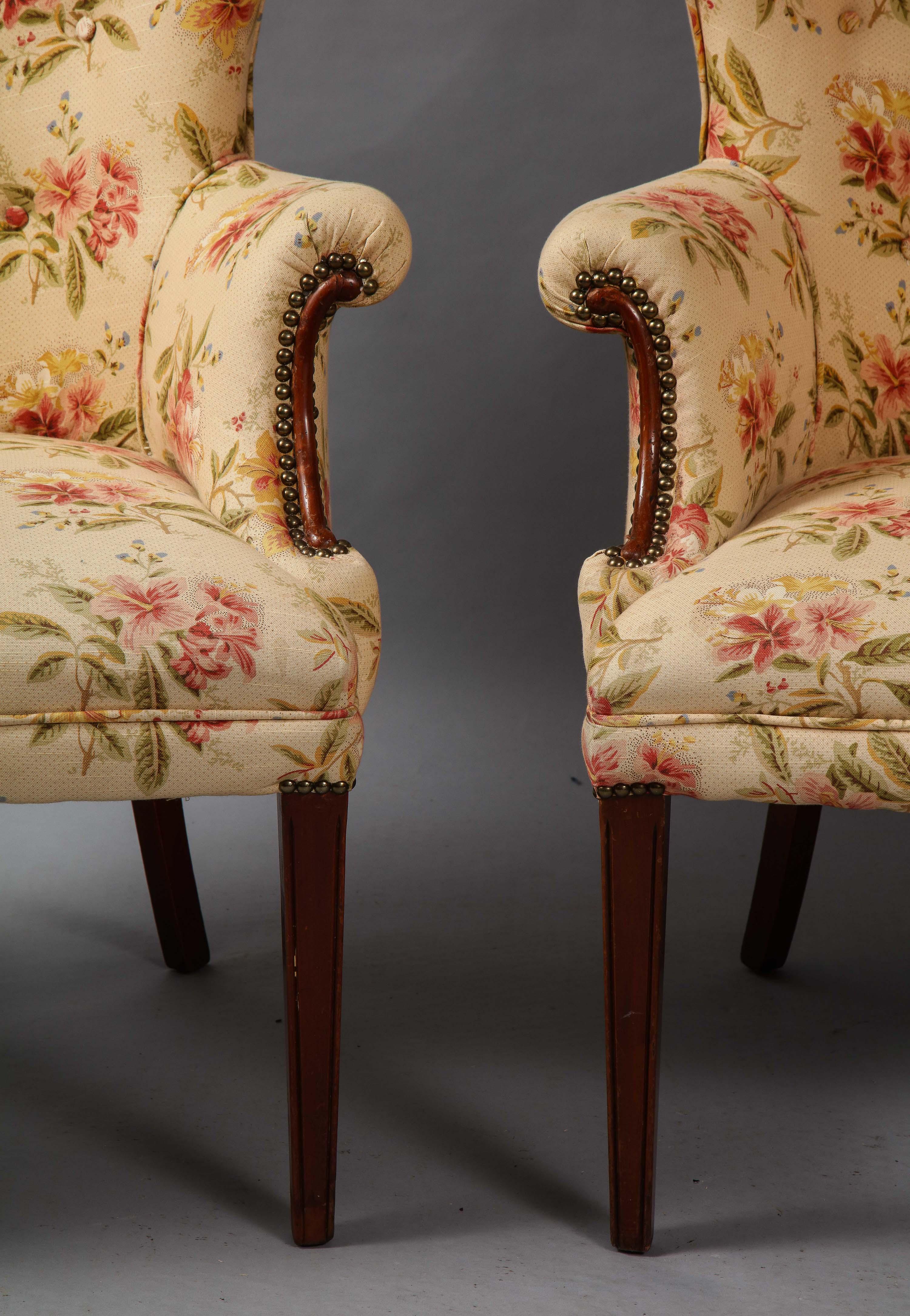 Wood Shapely Pair of Wing Chairs