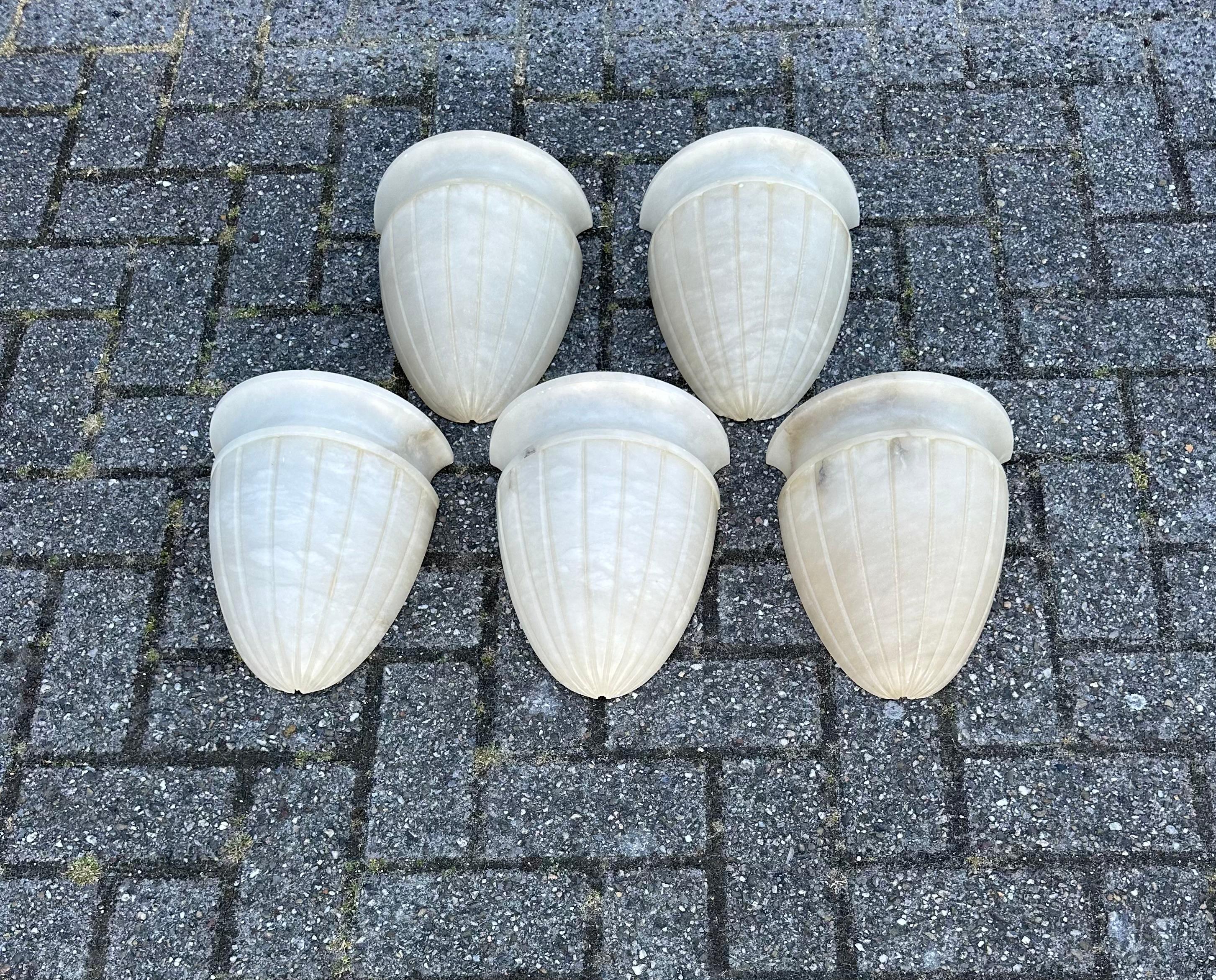Italian Shapely Set of 5 Midcentury Modern Art Deco Design Alabaster Wall Sconces, Lamps