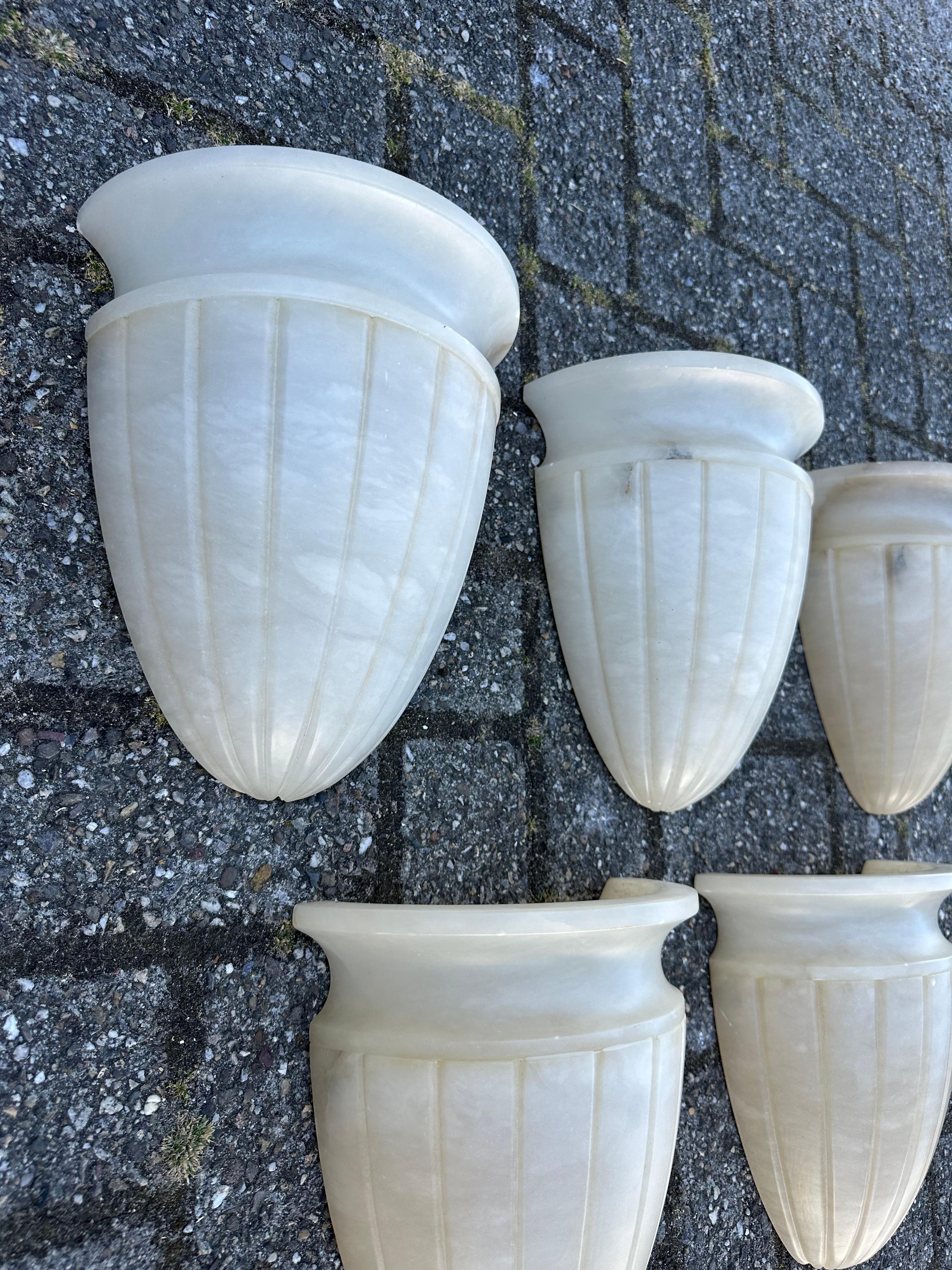 Polished Shapely Set of 5 Midcentury Modern Art Deco Design Alabaster Wall Sconces, Lamps