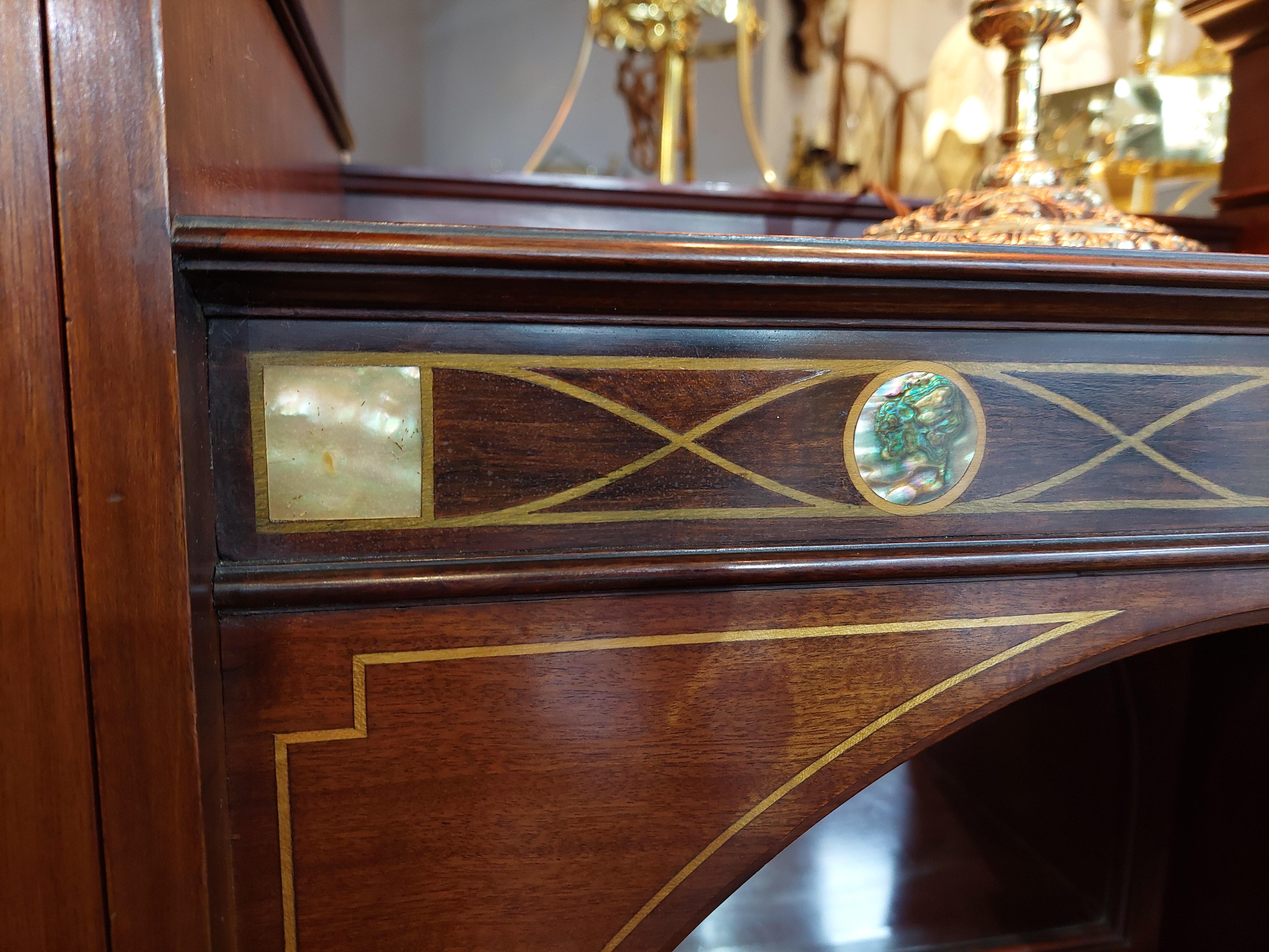 English Shapland & Petter Edwardian Mother of Pearl Inlaid Mahogany Display Cabinet For Sale