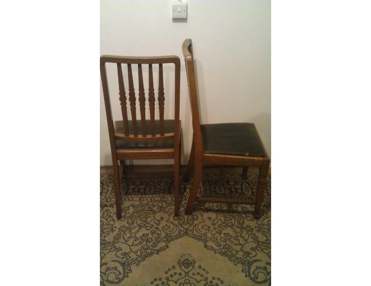 Arts and Crafts Shapland & Petter, Set of Six Arts & Crafts Oak Dining Chairs with Shaped Backs For Sale