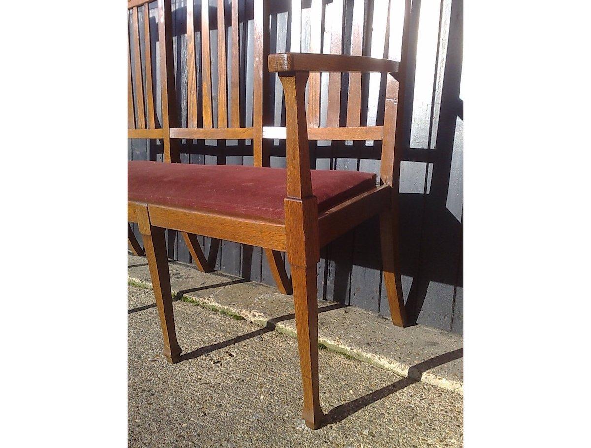 Leather Shapland & Petter, Set Ten Arts & Crafts Oak Dining Chairs with Matching Settee For Sale