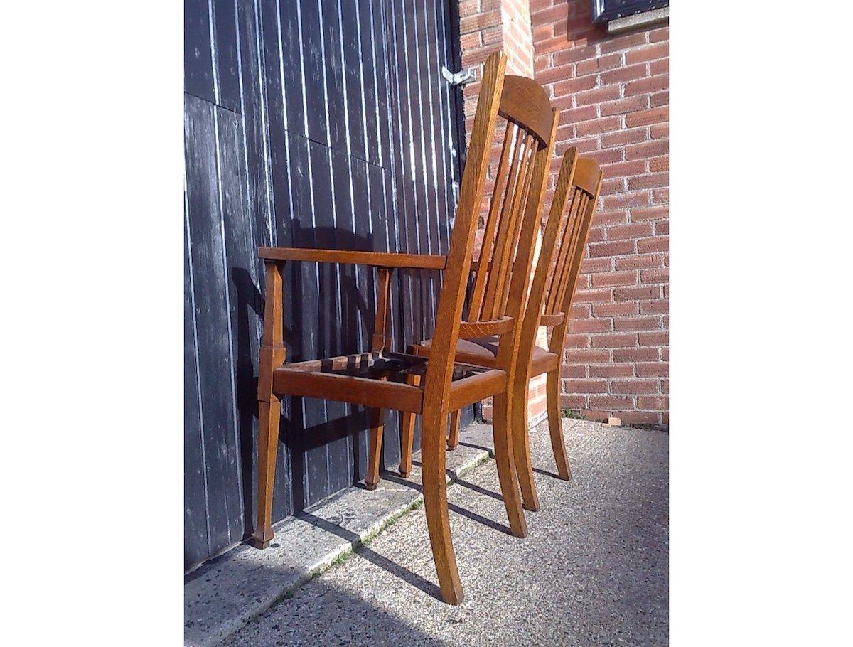 Shapland & Petter, Set Ten Arts & Crafts Oak Dining Chairs with Matching Settee For Sale 8