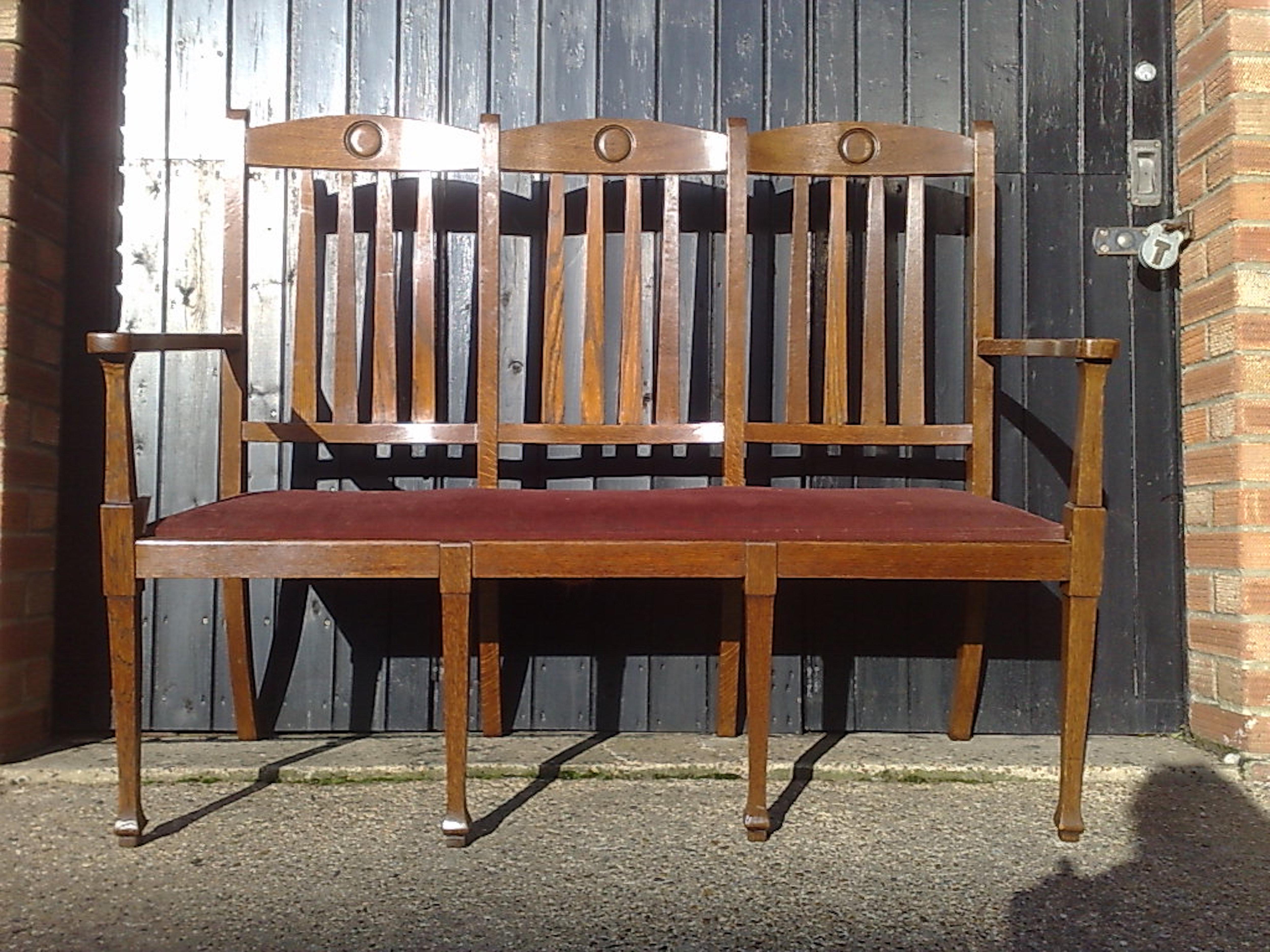 English Shapland & Petter, Set Ten Arts & Crafts Oak Dining Chairs with Matching Settee For Sale