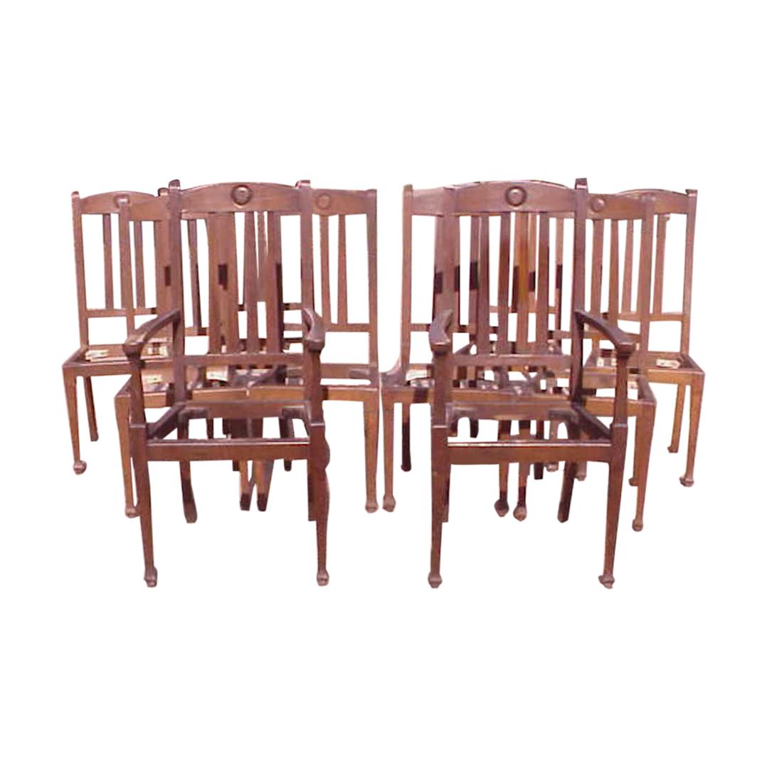 Shapland & Petter, Set Ten Arts & Crafts Oak Dining Chairs with Matching Settee