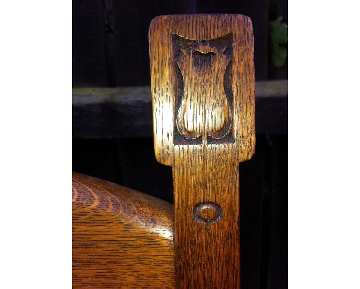 Hand-Carved Shapland & Petter Substantial Arts & Crafts Oak Armchair with Floral Decoration For Sale