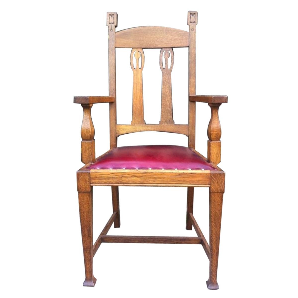 Shapland & Petter Substantial Arts & Crafts Oak Armchair with Floral Decoration