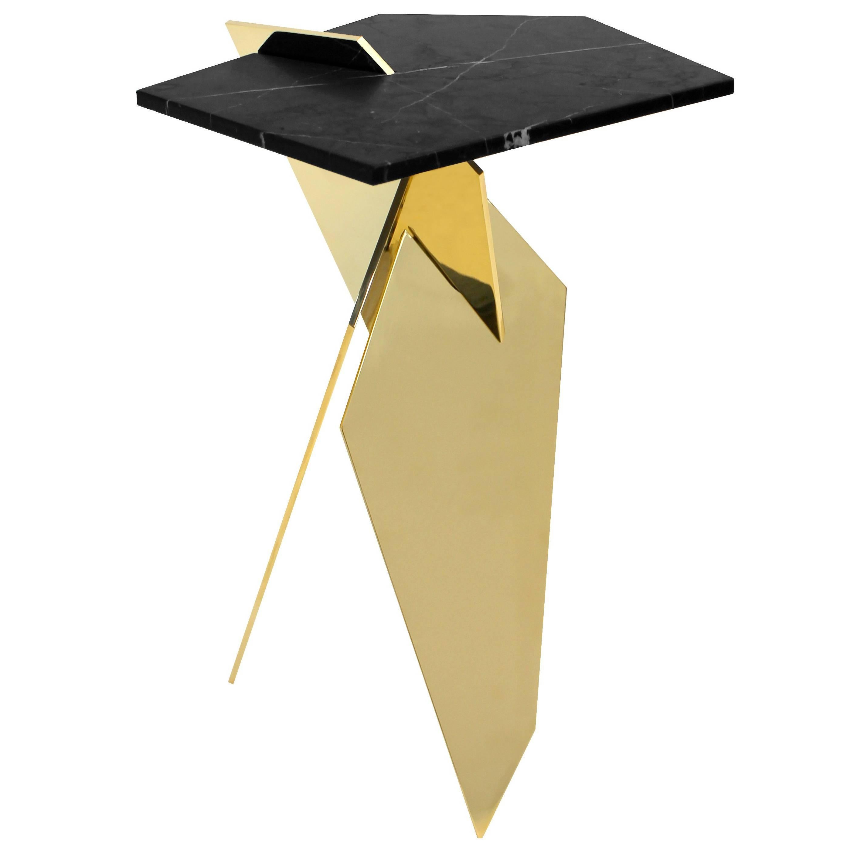 Shard angular polished bronze and marble side table For Sale