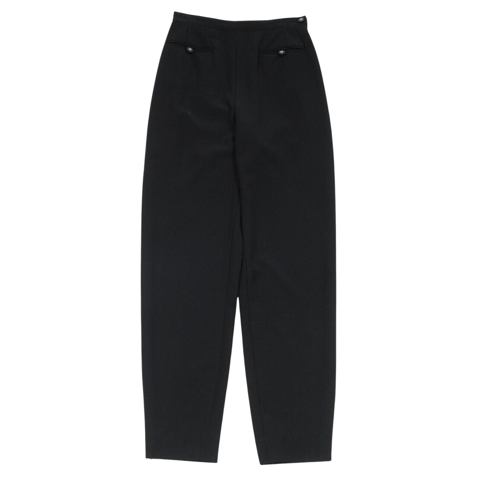 Condividi Pantaloni a vita alta Chanel Sz 36 6 Lana Nera Vintage CC Logo Button Plissettati
