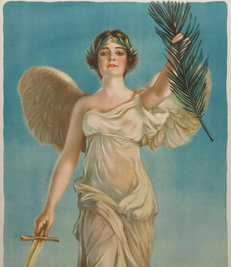 Presented is a stunning WWI War Savings Stamps poster designed by the famous Haskell Coffin. This poster was published in 1918 by the U.S. Treasury to promote the Victory Liberty Bonds. It features winged NIKE, the Greek goddess of victory, holding