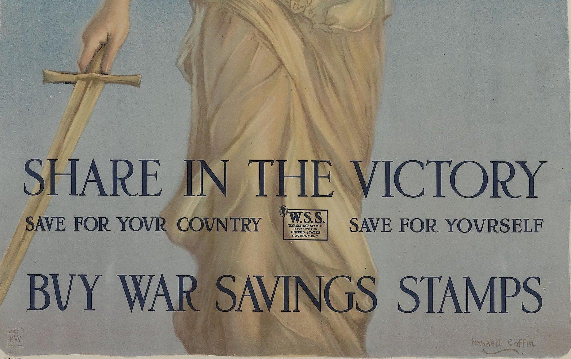 Presented is a stunning WWI War Savings Stamps Poster designed by the famous Haskell Coffin. This poster was published in 1918 by the U.S. Treasury to promote the Victory Liberty Bonds. It features winged Nike, the Greek goddess of victory, holding