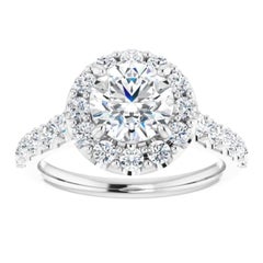 Shared Prong Halo GIA Round Brilliant White Diamond Engagement Ring 1.35 Carats