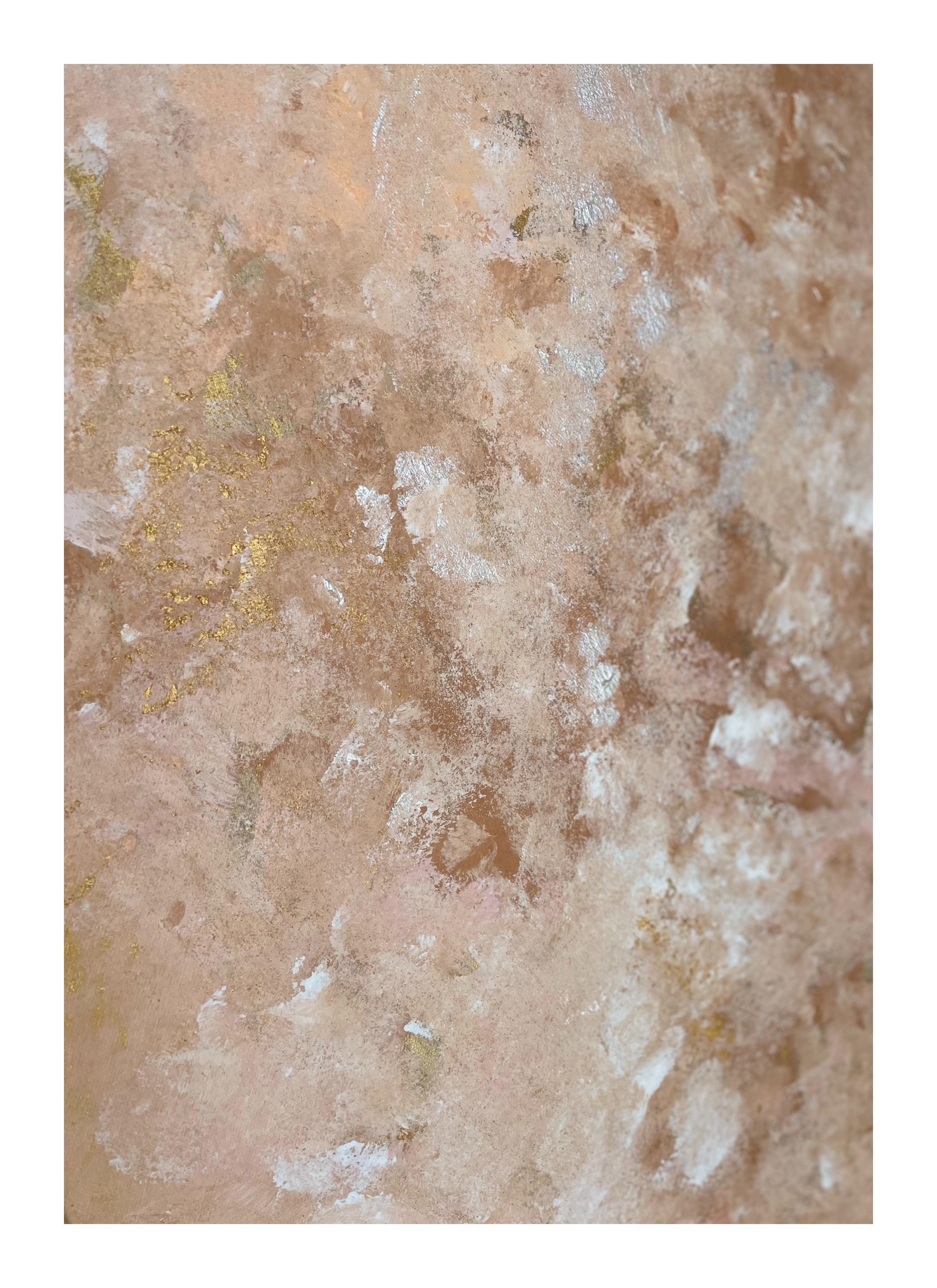 Starting to Bloom is an elegant large-scale abstract painting by contemporary artist Sharin Schober, measuring 30 x 40 inches. Created with acrylic and mixed media on canvas, this piece features delicate layers of soft blush, warm beige, creamy