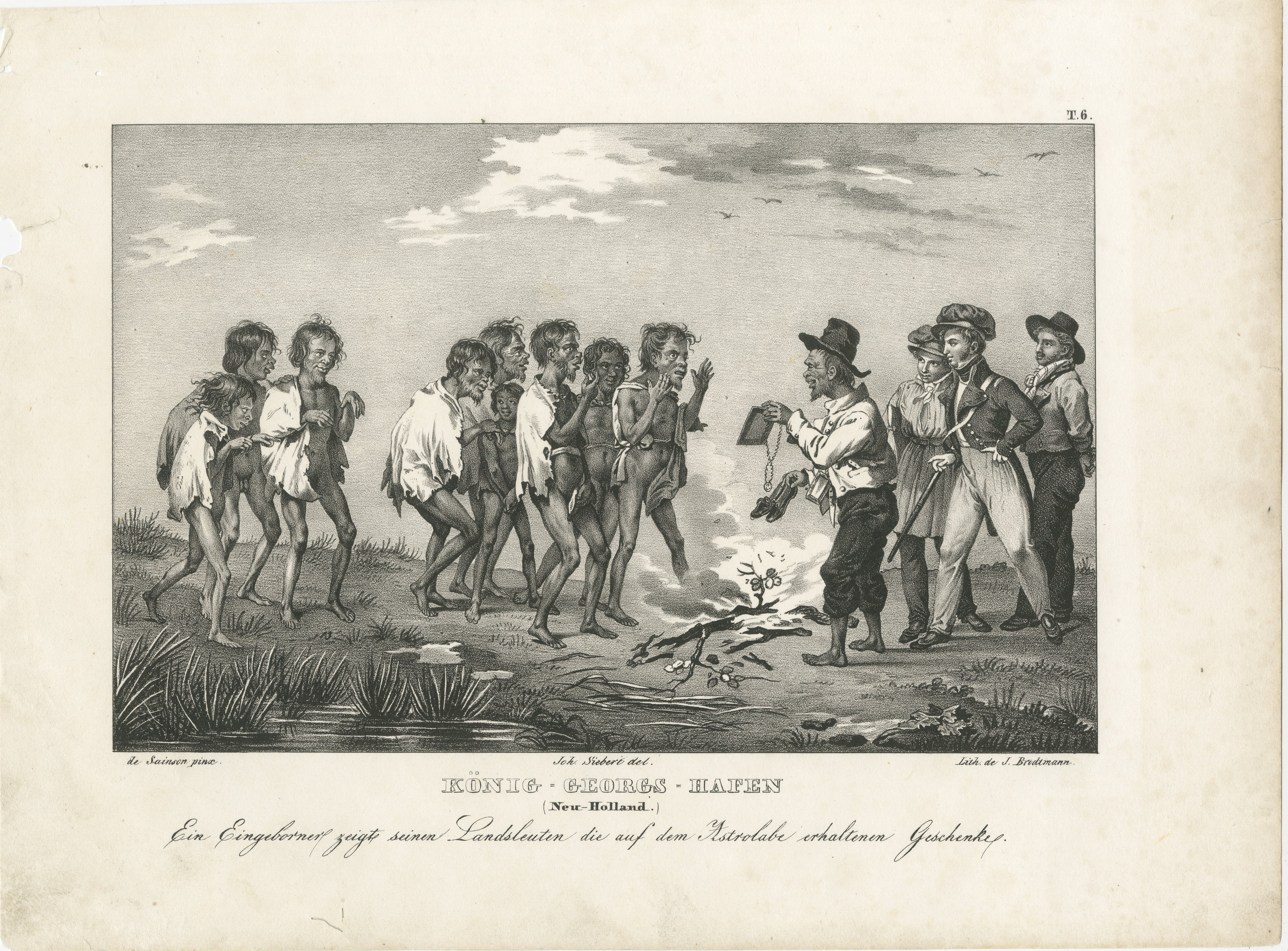 Título: Compartir los regalos del astrolabio en el Puerto del Rey Jorge, Nueva Holanda  

Descripción: Esta evocadora litografía, de hacia 1836, ilustra un fascinante momento de interacción cultural en el Puerto del Rey Jorge (actual Albany,