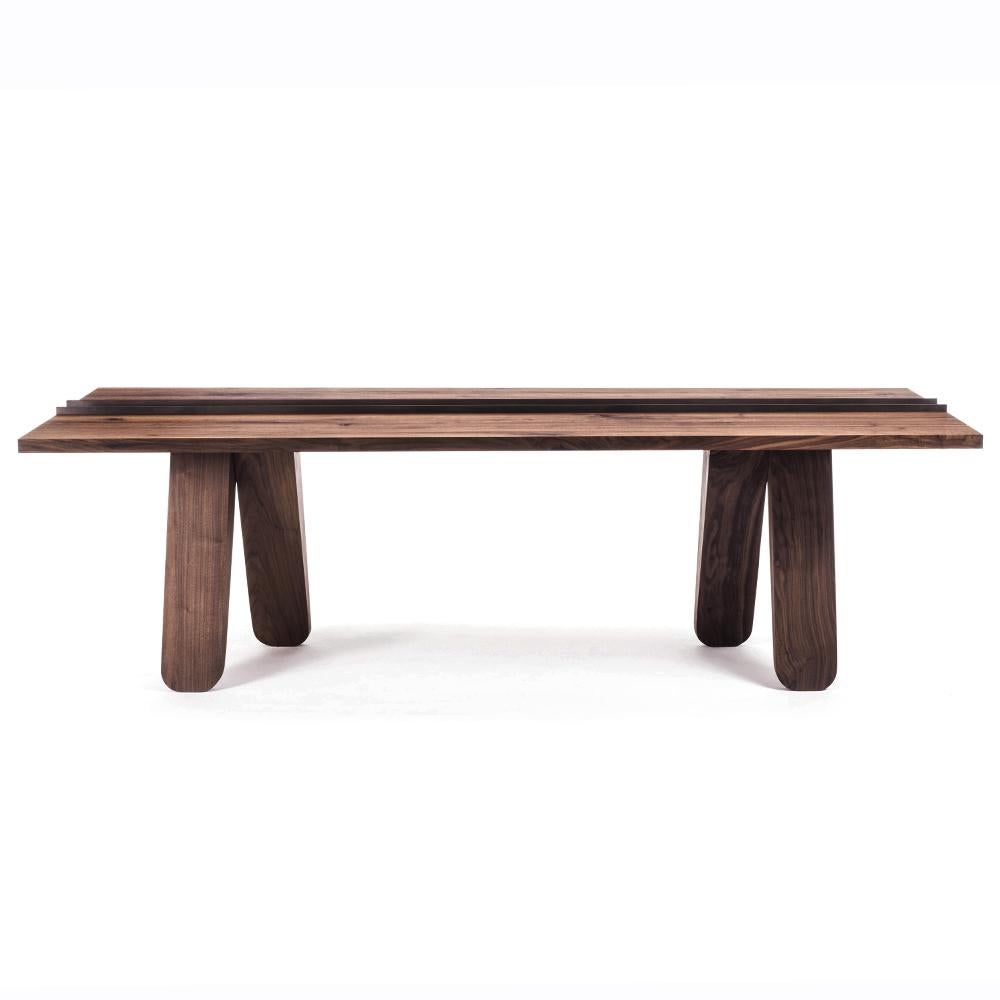 Dining Table Sharing walnut all hand-crafted in solid
walnut wood and with middle part in forged 
iron in lacquered finsh.
Available in:
L220xD110xH76,8cm, price: 11900,00€.
L240xD110xH76,8cm, price: 12400,00€.
L260xD110xH76,8cm, price: