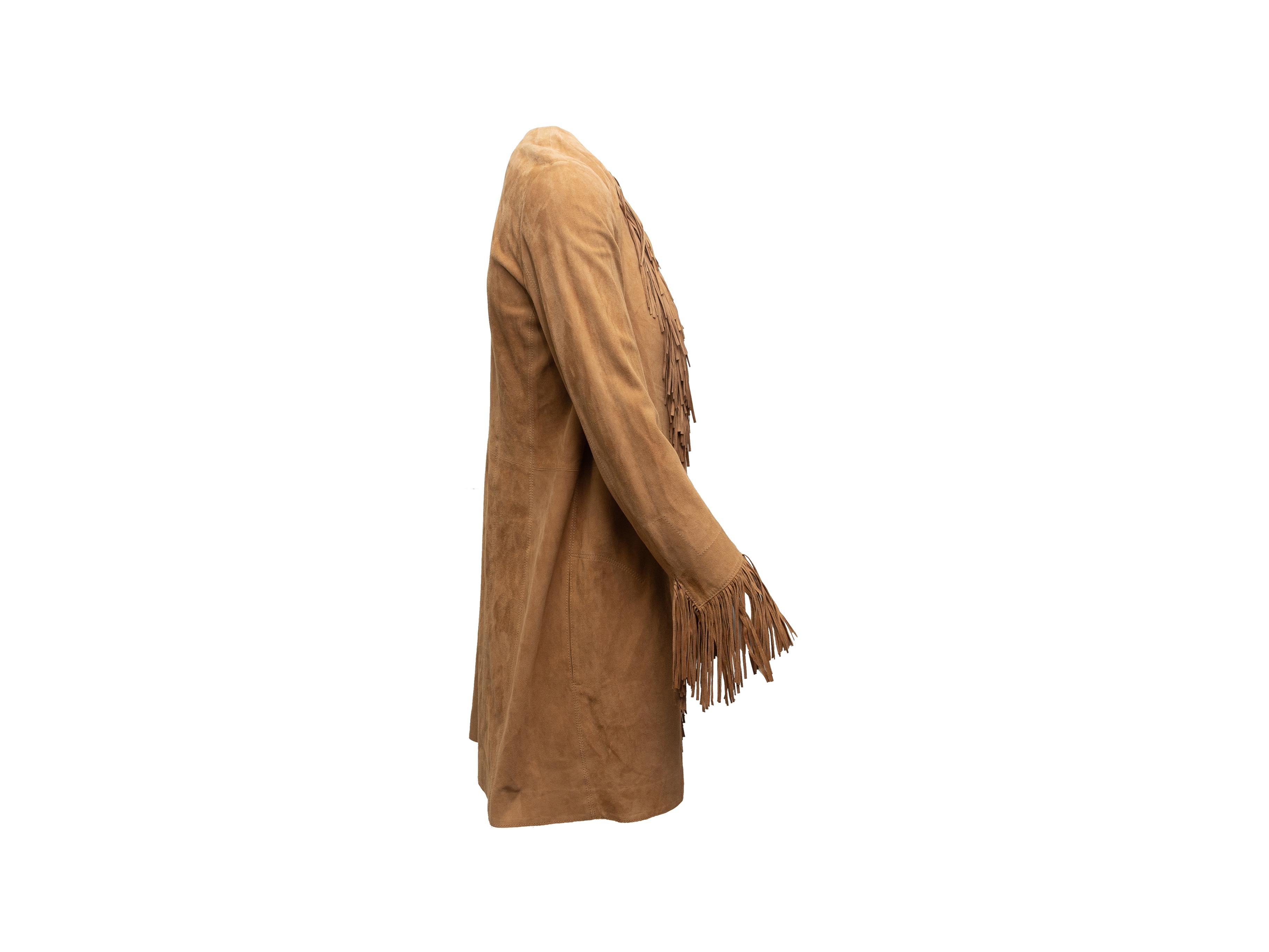 Product details: Brown suede coat by Shari's Place. Fringe trim throughout. V-neck. Designer size 36. 15