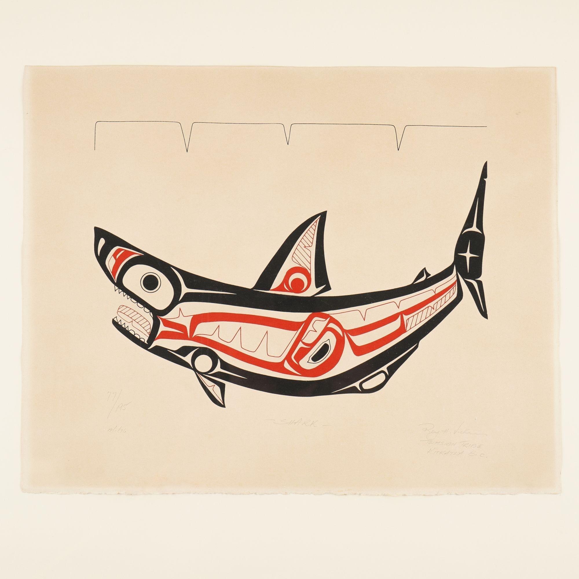 Serigraph print of a shark in bold black and red, the traditional colors of Native American art from the Northwest Coast. Roy Henry Vickers, CM OBC (Order of Canada / Order of British Columbia), is a Canadian First Nations artist living and working