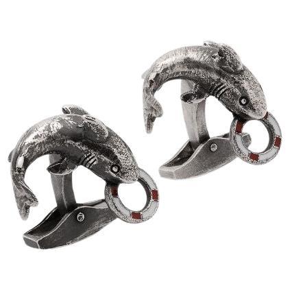 Shark Cufflinks in Antique Finished Sterling Silver