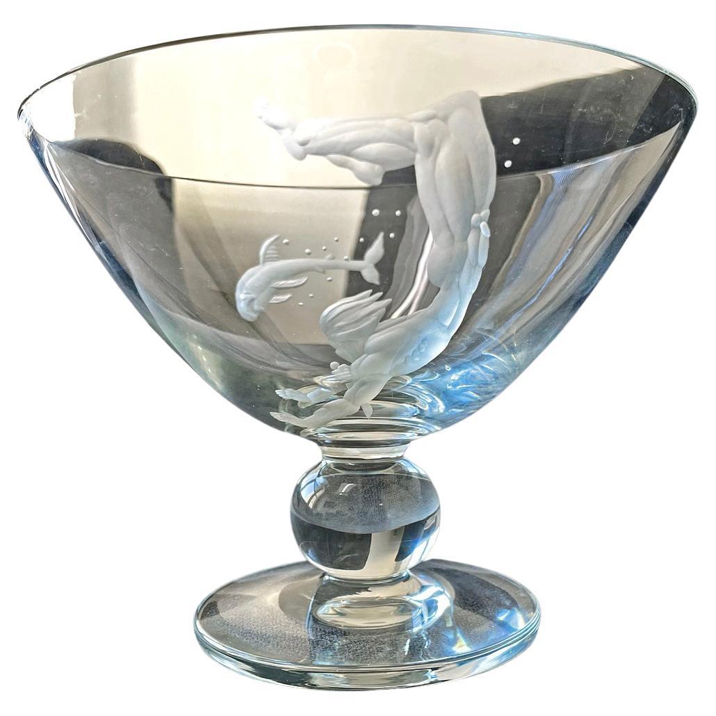 "Shark Diver, " Superb, Unique Art Deco Engraved Glass Vase with Nude Male Diver