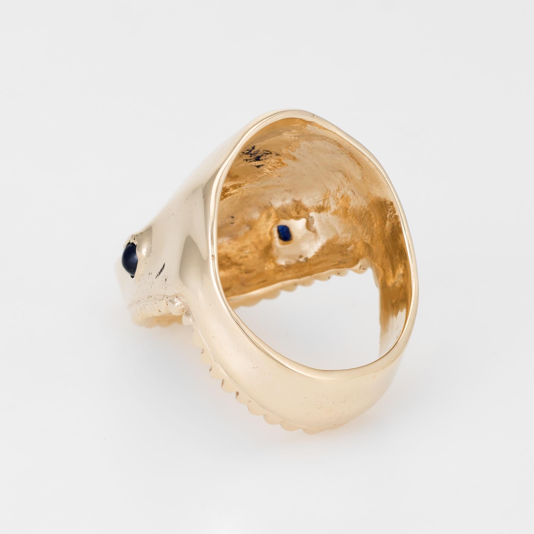 Modern Shark Head Ring Vintage 14 Karat Gold Sapphire Eyes Marine Ocean Sea Jewelry